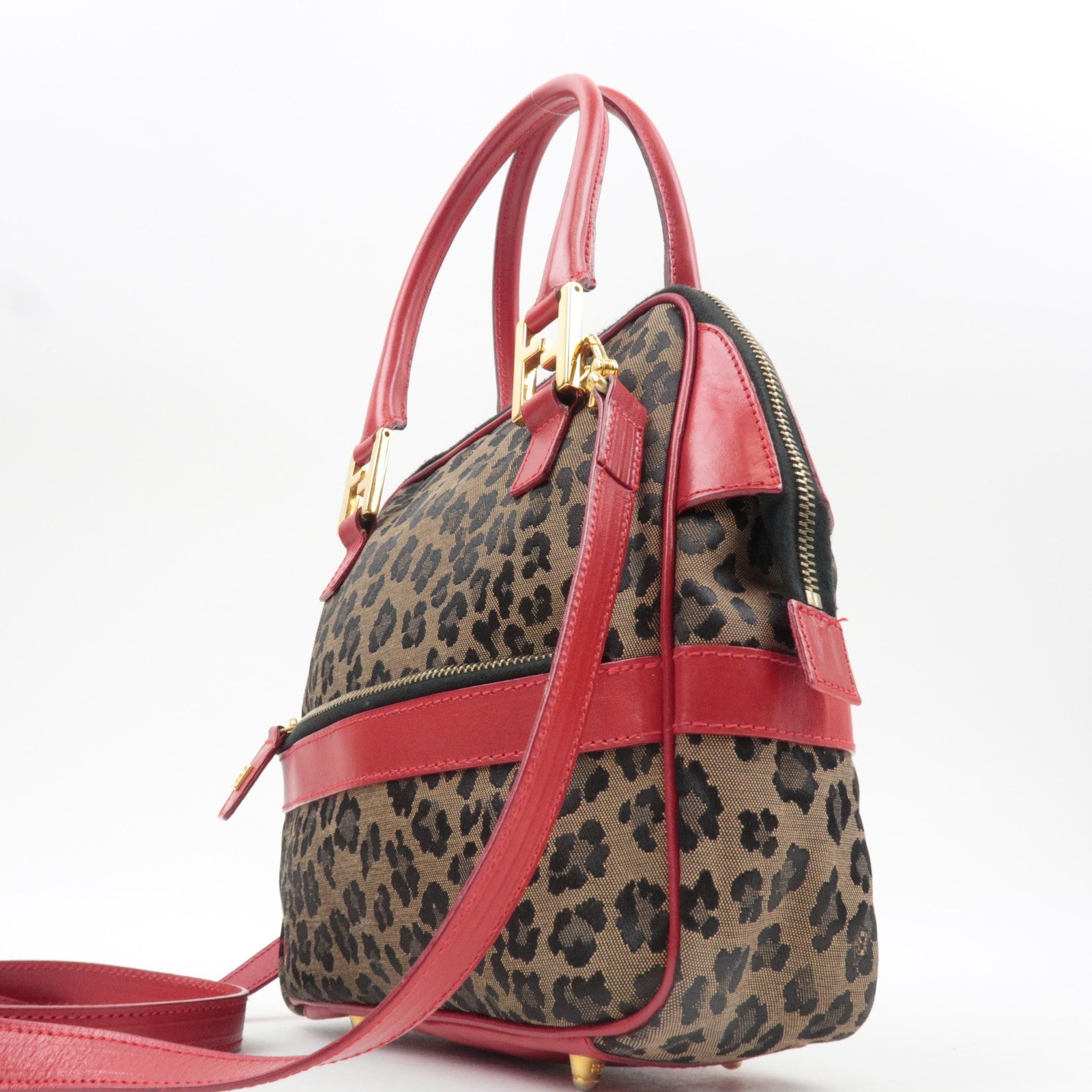 FENDI Leopard Canvas Leather Shoulder Bag Beige Red *Strap