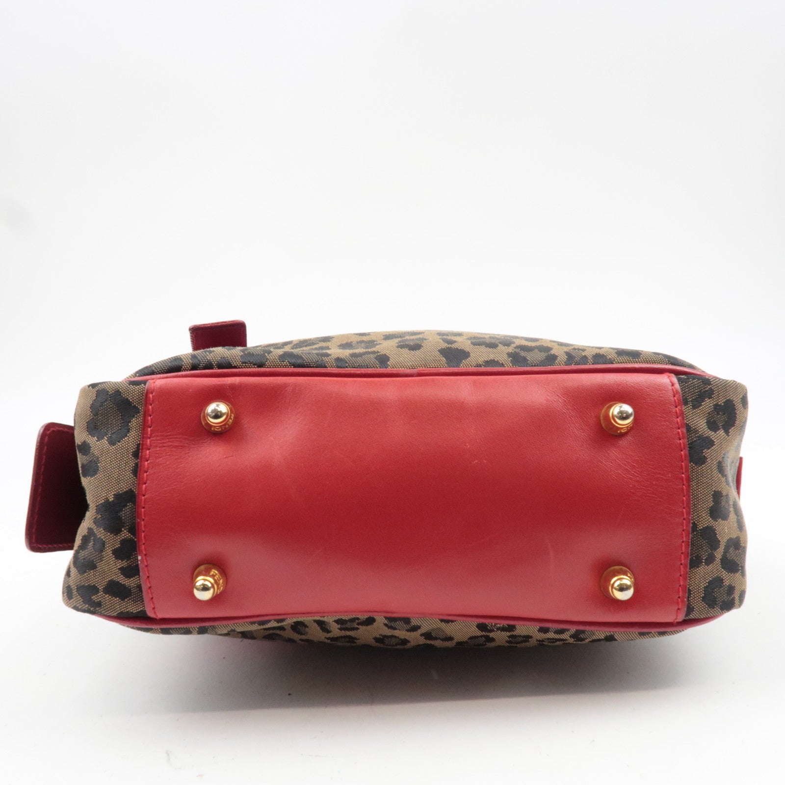 FENDI Leopard Canvas Leather Shoulder Bag Beige Red *Strap