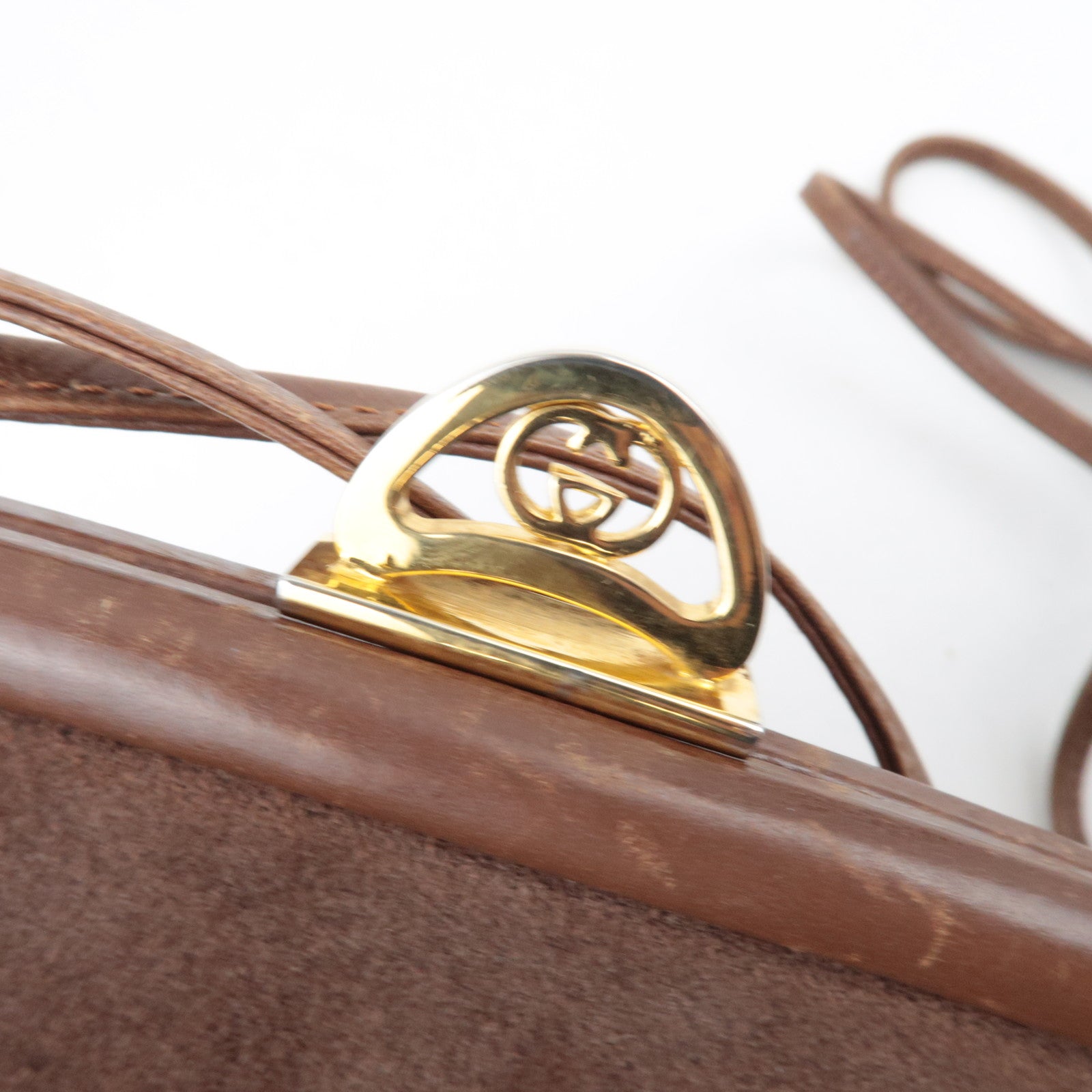 GUCCI Old Gucci Kiss Lock Suede Shoulder Bag Brown