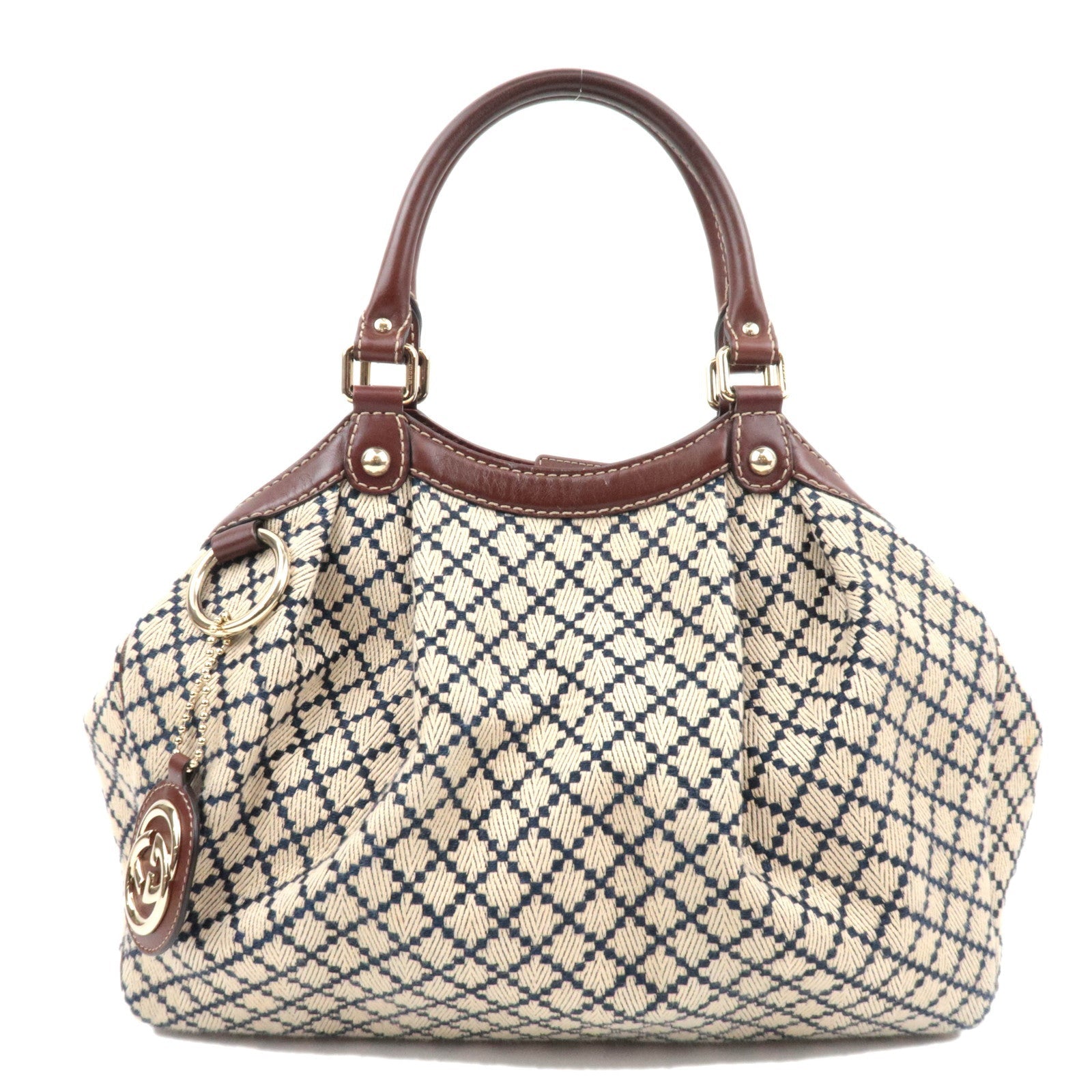 GUCCI Diamante Sukey Canvas Leather Handbag Beige Navy Brown 21194485073