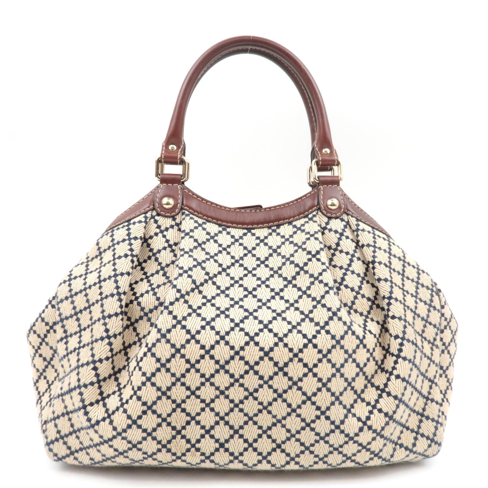 GUCCI Diamante Sukey Canvas Leather Handbag Beige Navy Brown 211944