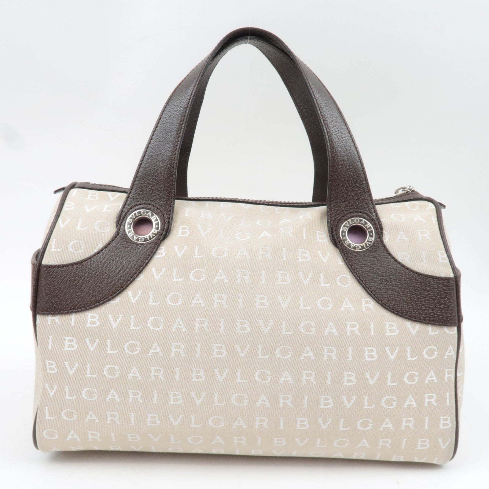 BVLGARI Logomania Canvas Leather Handbag Beige Brown