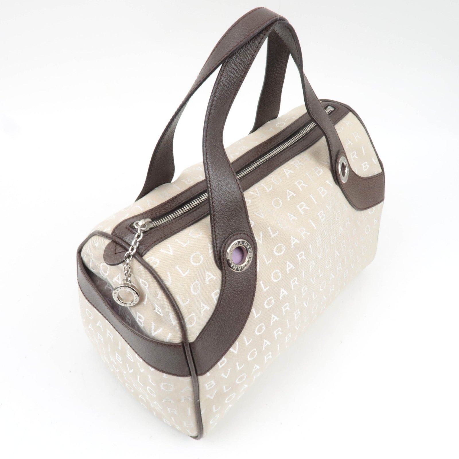 BVLGARI Logomania Canvas Leather Handbag Beige Brown