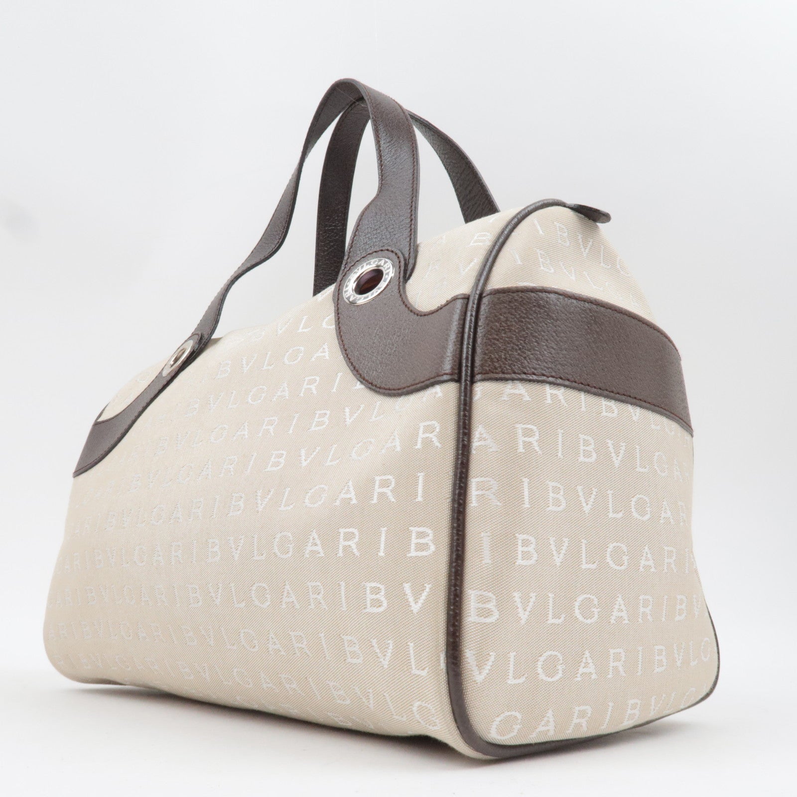 BVLGARI Logomania Canvas Leather Handbag Beige Brown