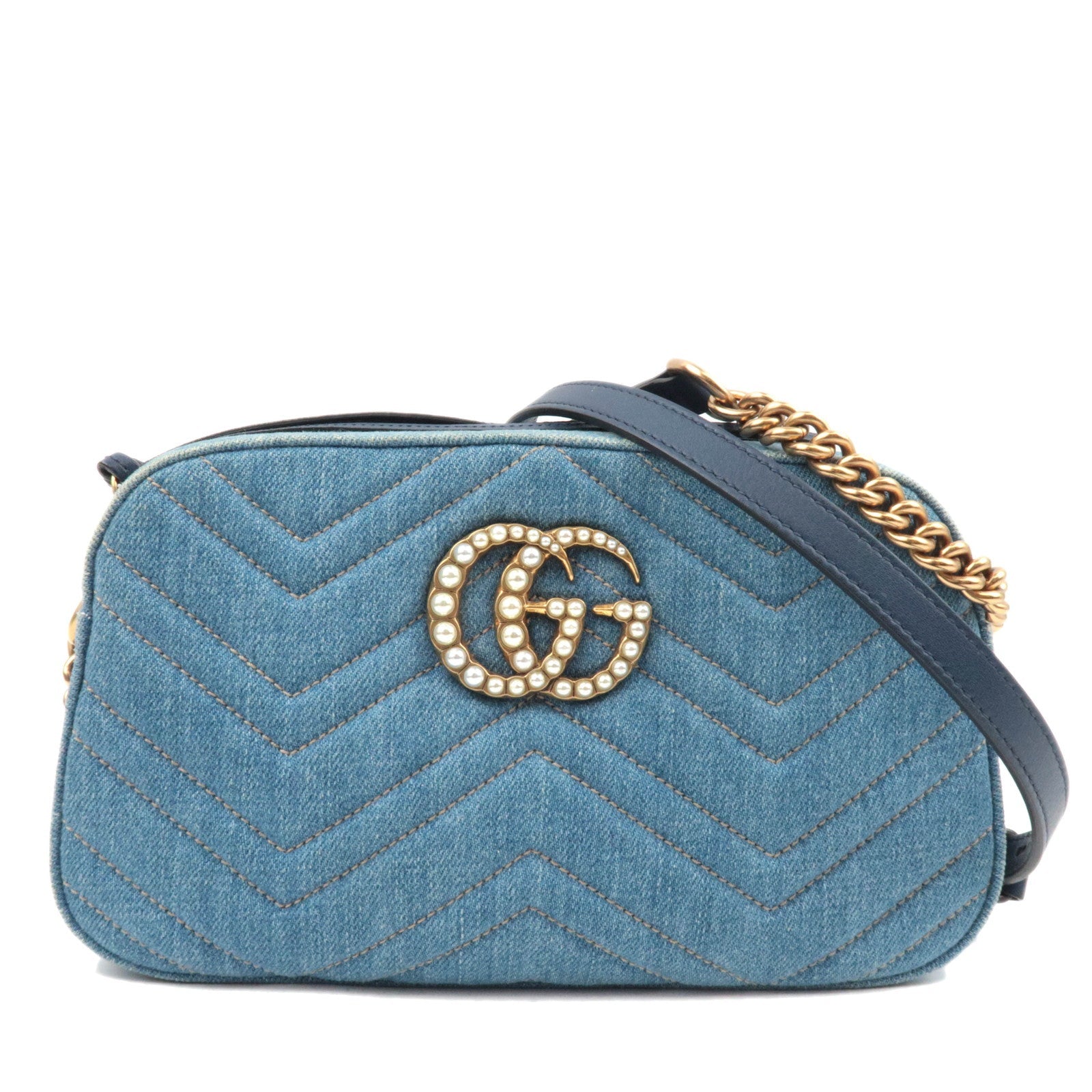 GUCCI GG Marmont Faux Pearl Chain Shoulder Bag Denim Leather Blue 44763285124