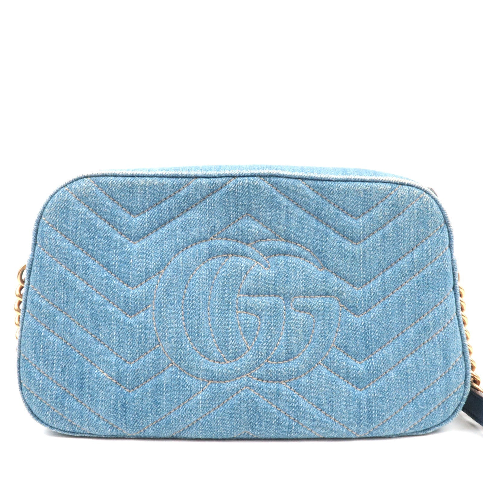 GUCCI GG Marmont Faux Pearl Chain Shoulder Bag Denim Leather Blue 447632