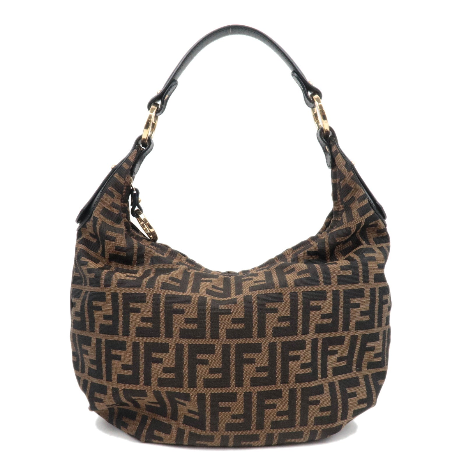 FENDI Zucca Canvas Leather Hobo Shoulder Bag Brown Black85220