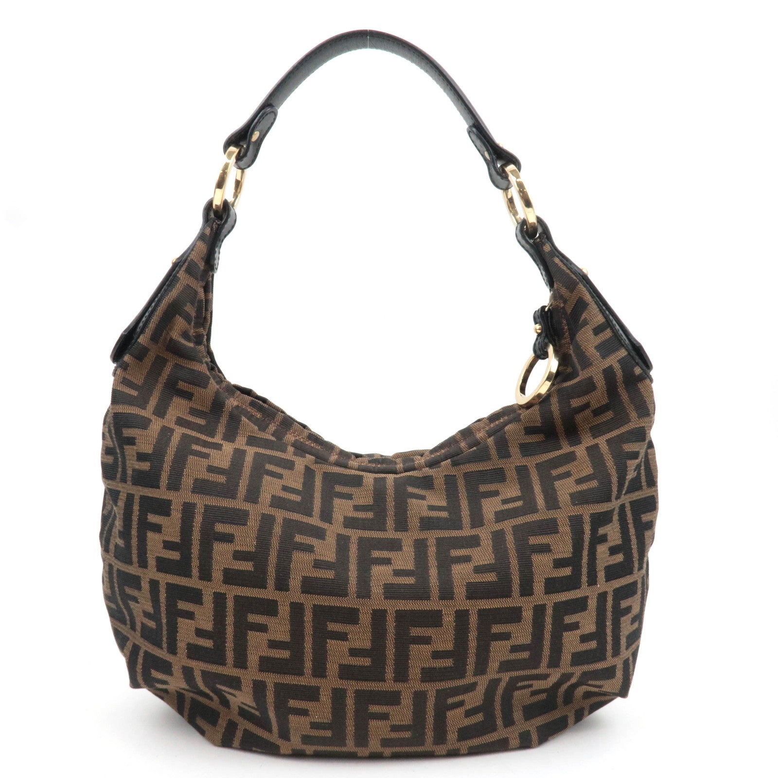 FENDI Zucca Canvas Leather Hobo Shoulder Bag Brown