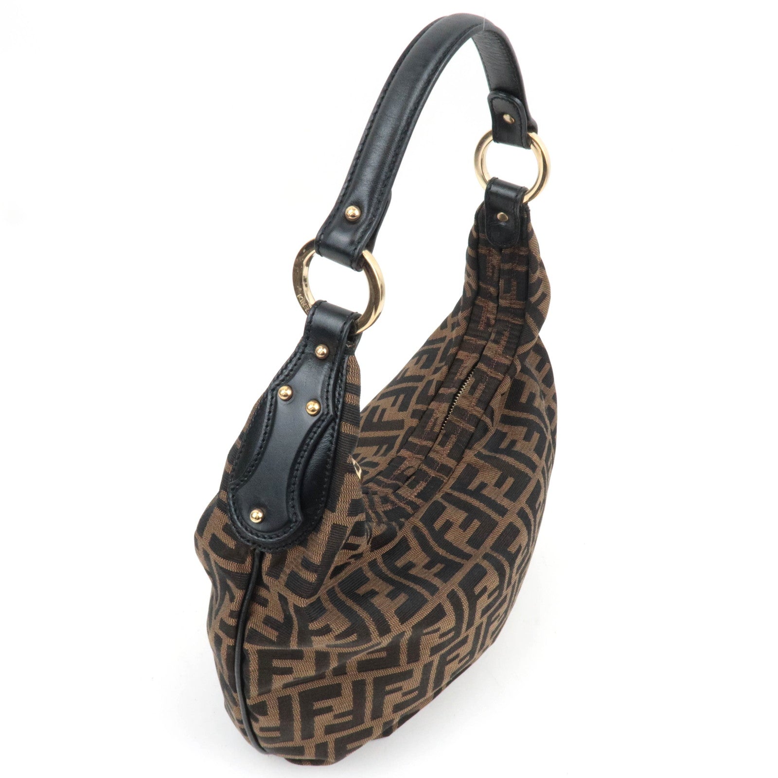 FENDI Zucca Canvas Leather Hobo Shoulder Bag Brown