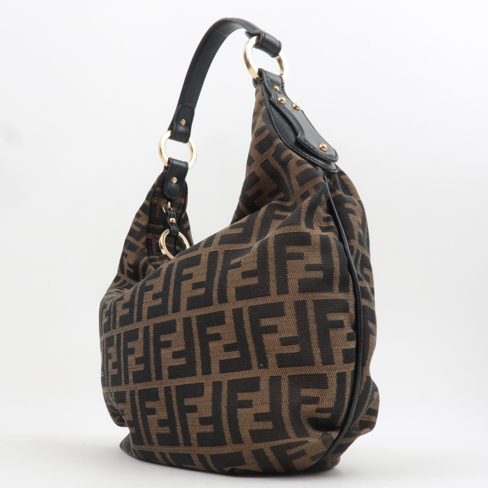 FENDI Zucca Canvas Leather Hobo Shoulder Bag Brown