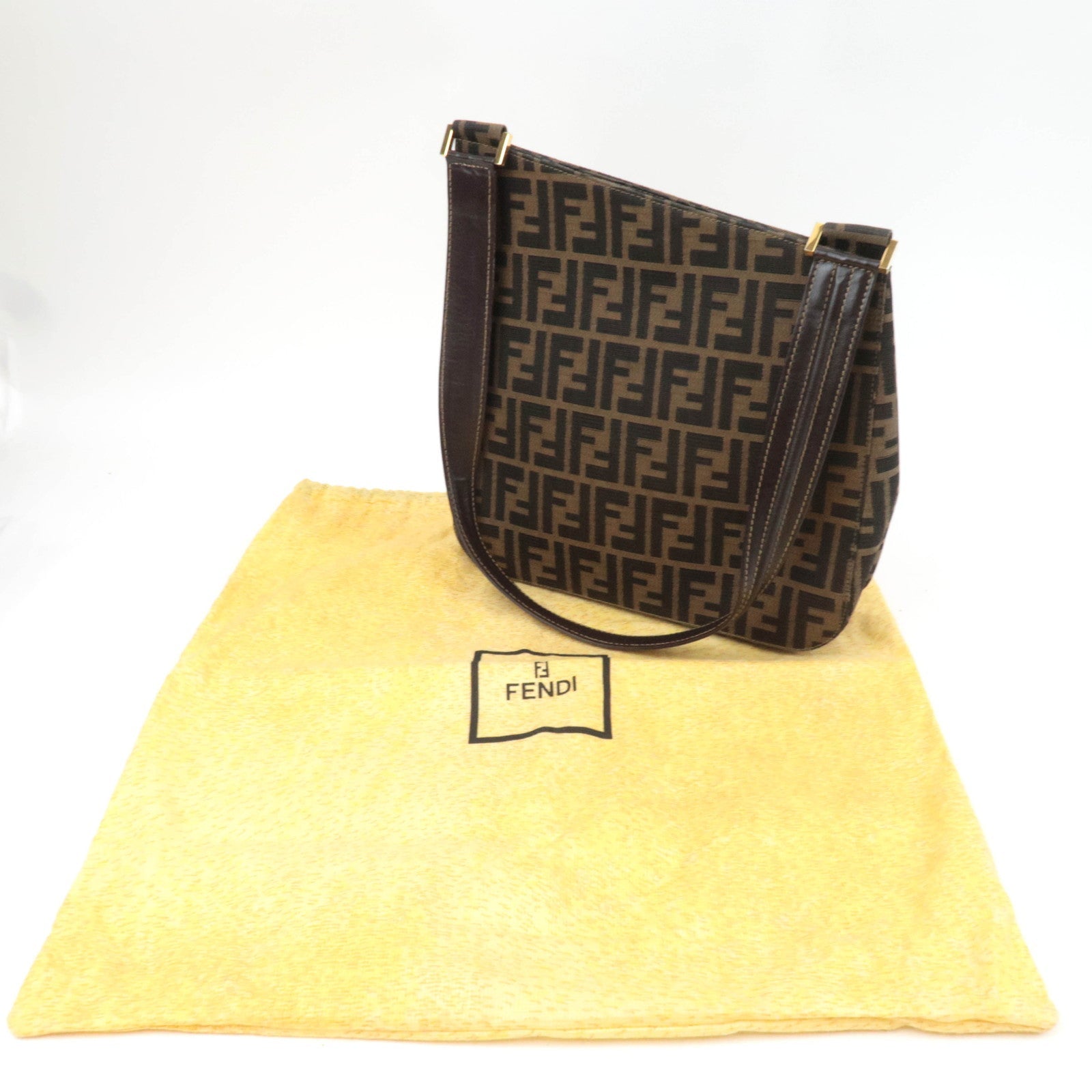 FENDI Zucca Canvas Leather Shoulder Bag Brown 15222