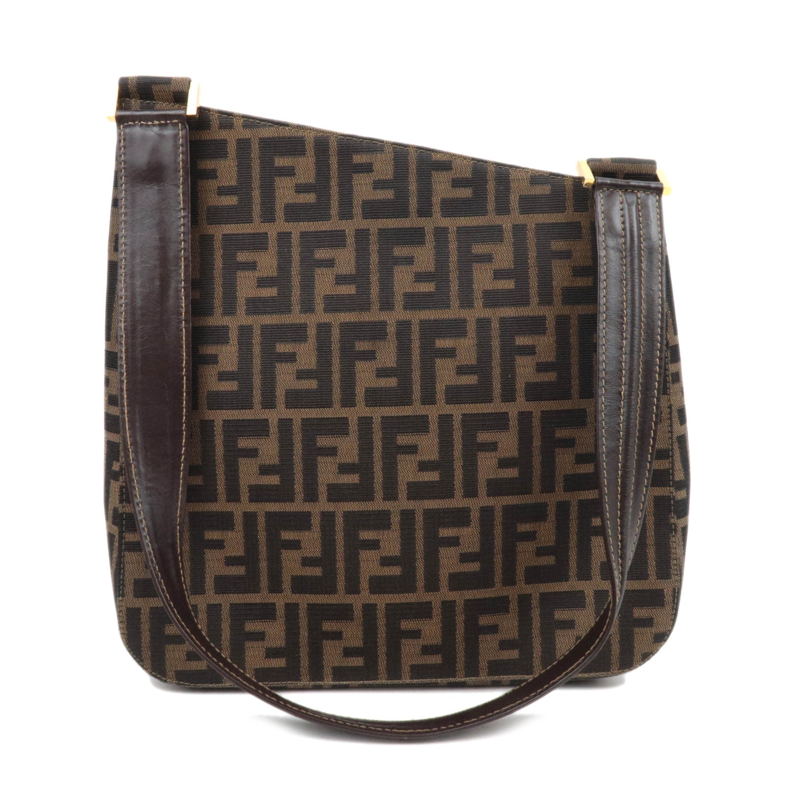 FENDI Zucca Canvas Leather Shoulder Bag Brown Black 1522285224