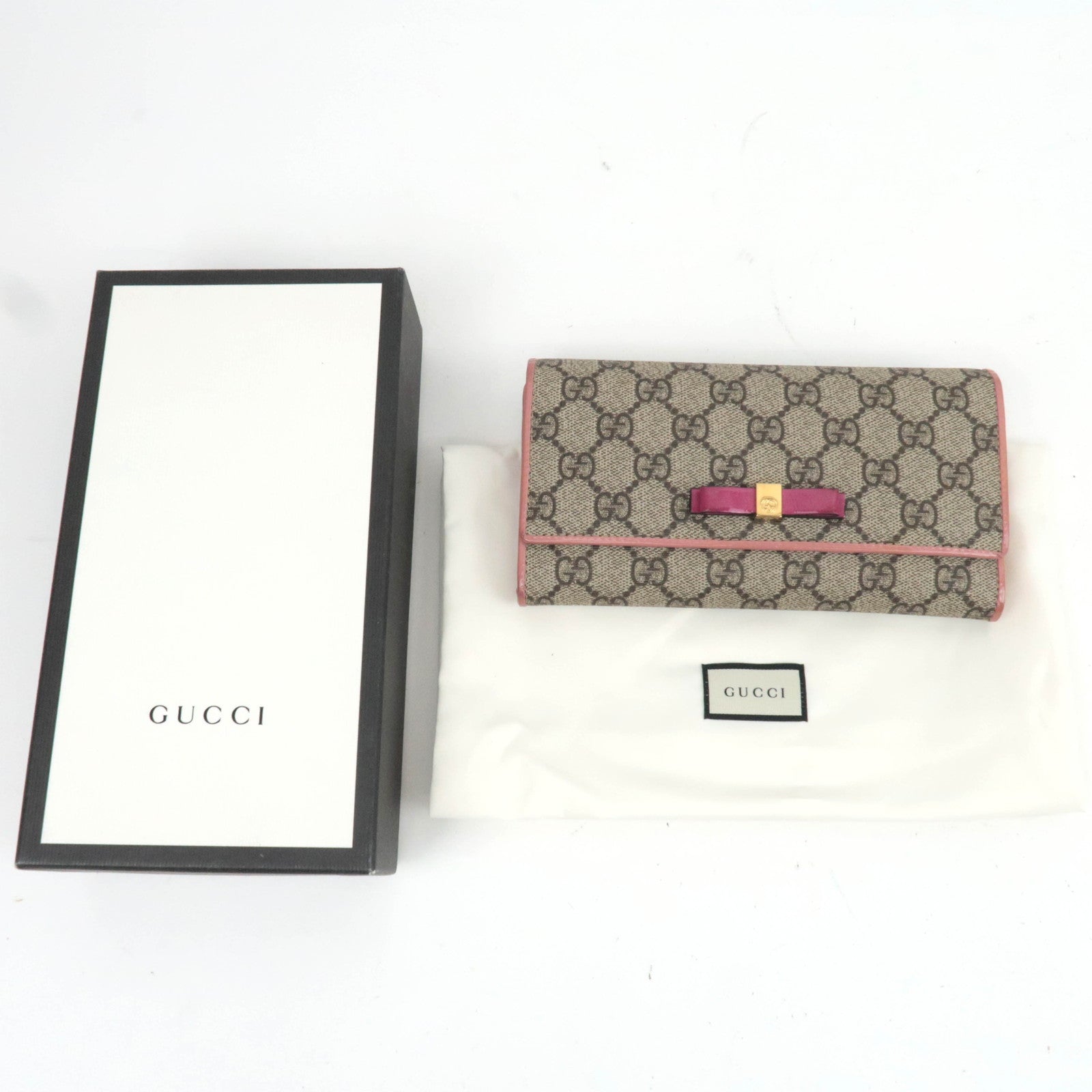 GUCCI Ribbon GG Supreme Long Wallet Beige Pink 388679