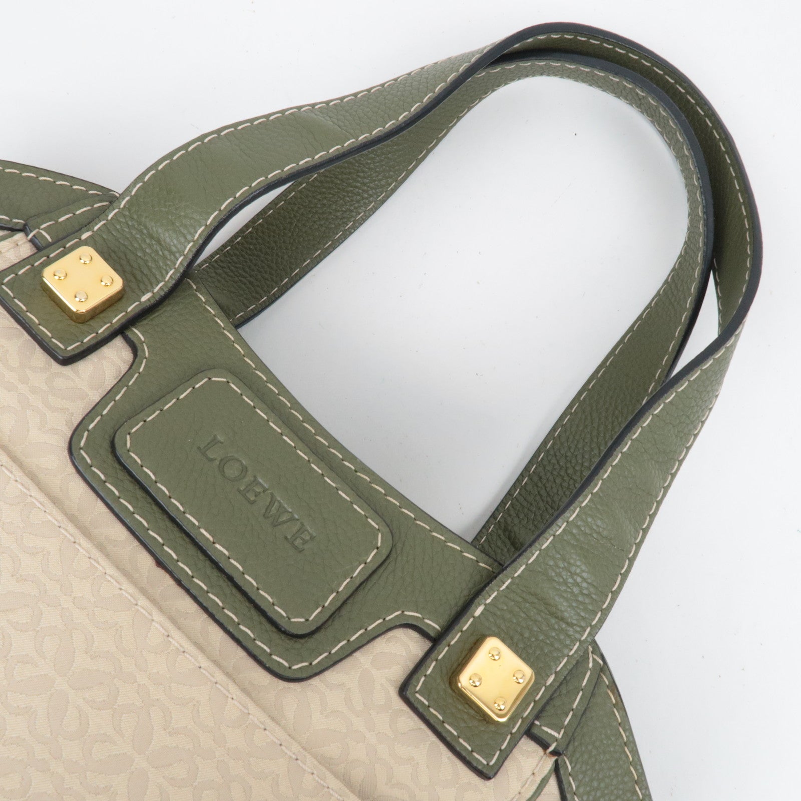 LOEWE New Road Canvas Leather Handbag Beige Khaki