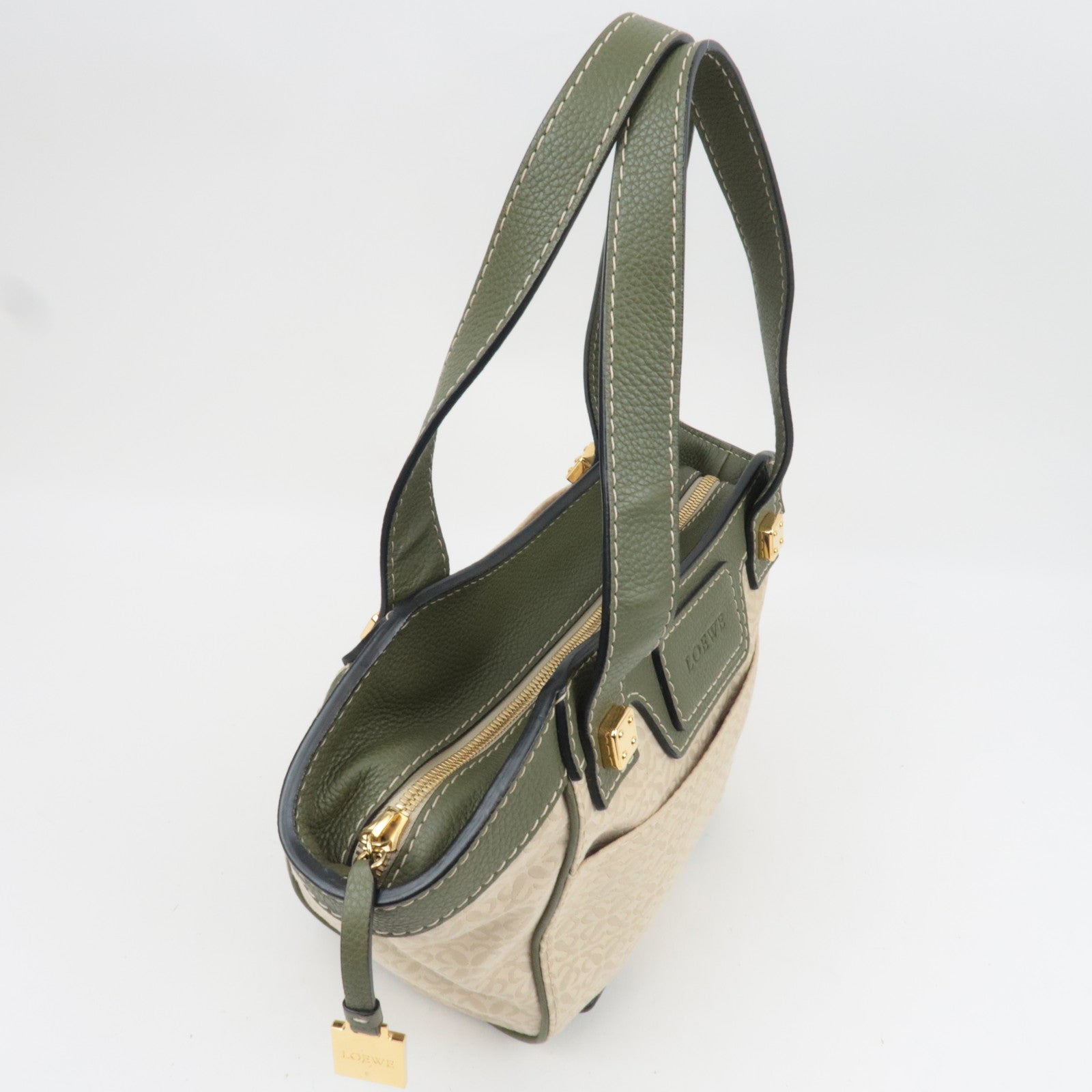 LOEWE New Road Canvas Leather Handbag Beige Khaki