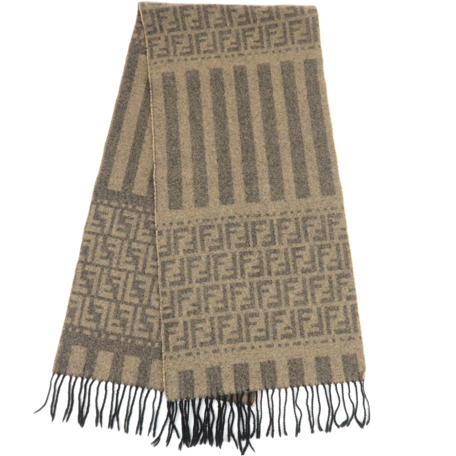 FENDI Zucca Pequin 100% Wool Scarf Beige Black85454