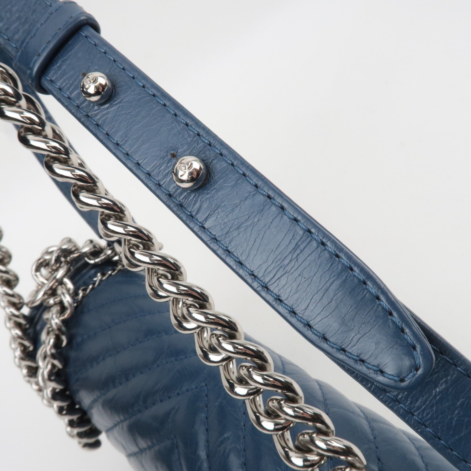 CHANEL Boy Chanel Chain Shoulder Bag Aged Calfskin Blue Silver HDW