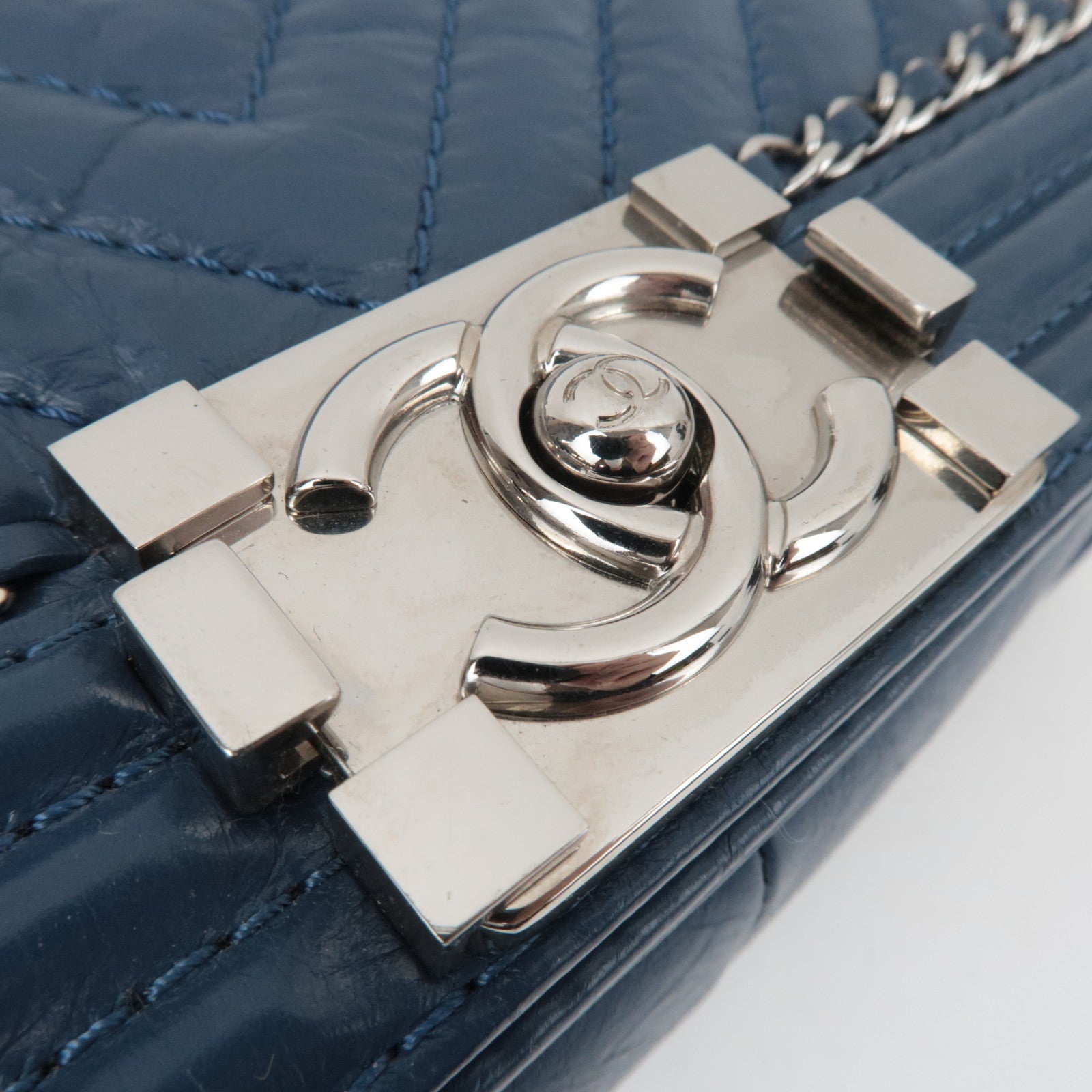 CHANEL Boy Chanel Chain Shoulder Bag Aged Calfskin Blue Silver HDW
