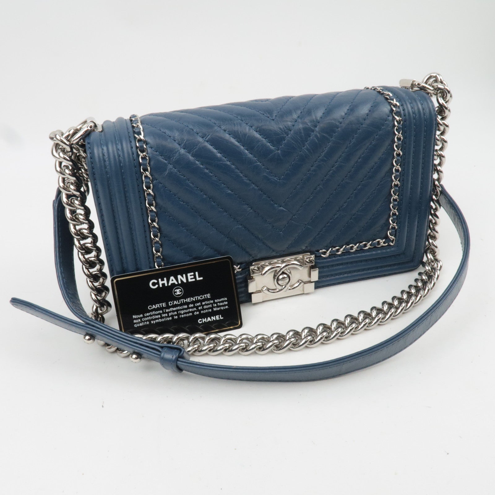 CHANEL Boy Chanel Chain Shoulder Bag Aged Calfskin Blue Silver HDW