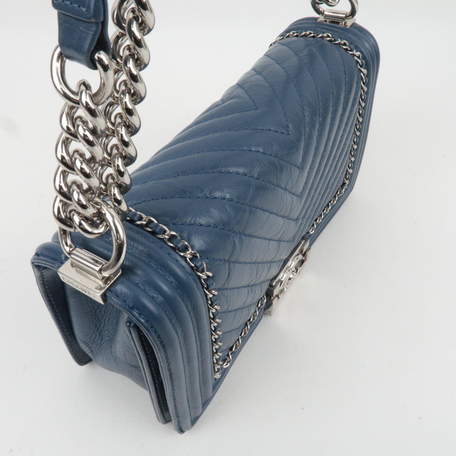 CHANEL Boy Chanel Chain Shoulder Bag Aged Calfskin Blue Silver HDW