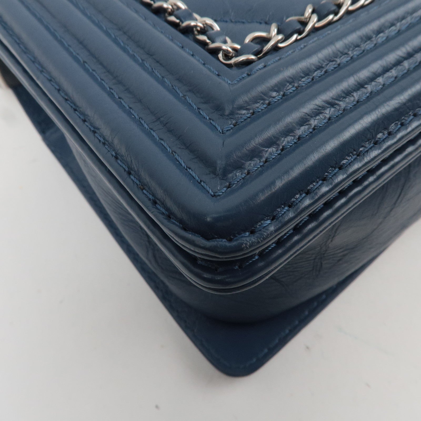 CHANEL Boy Chanel Chain Shoulder Bag Aged Calfskin Blue Silver HDW