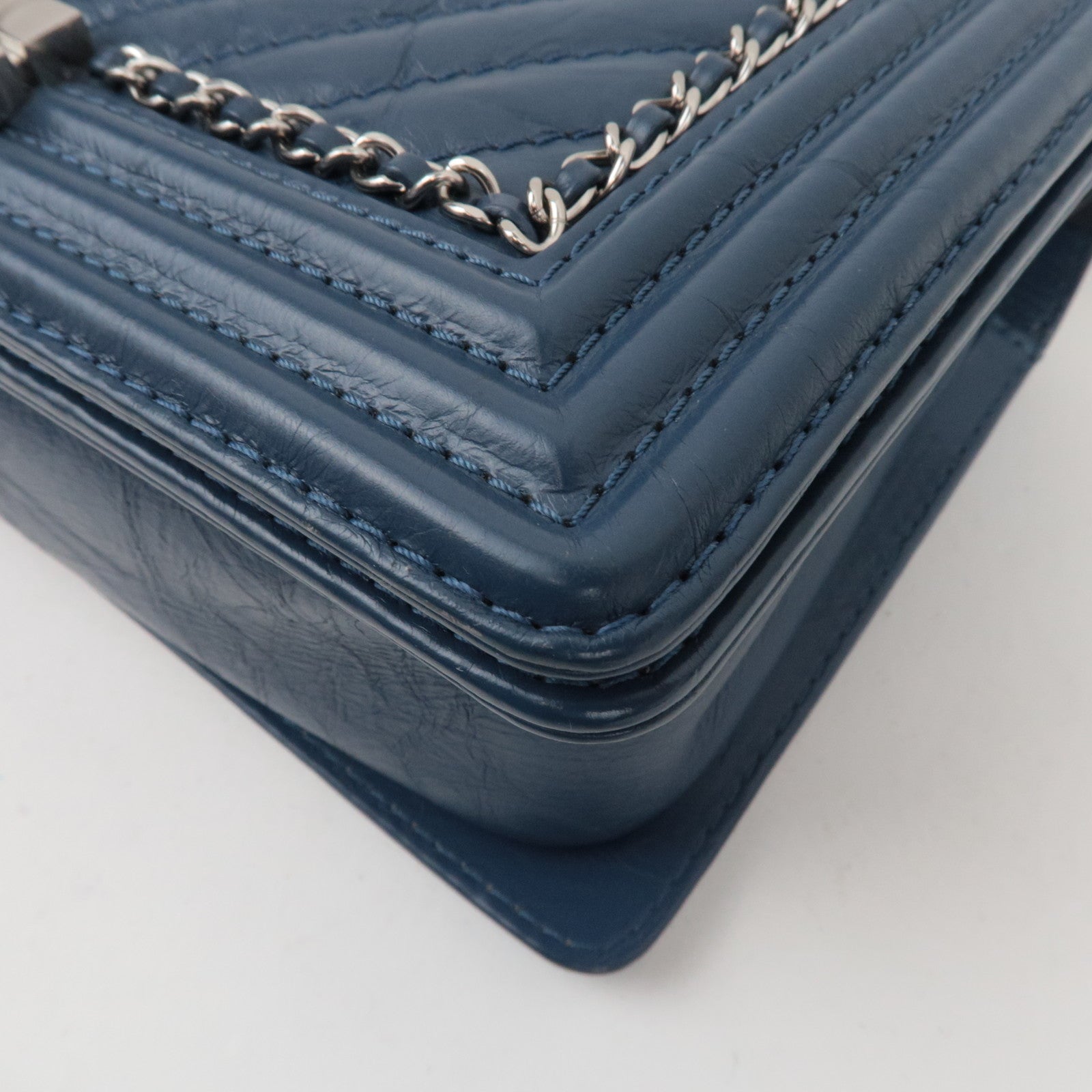 CHANEL Boy Chanel Chain Shoulder Bag Aged Calfskin Blue Silver HDW