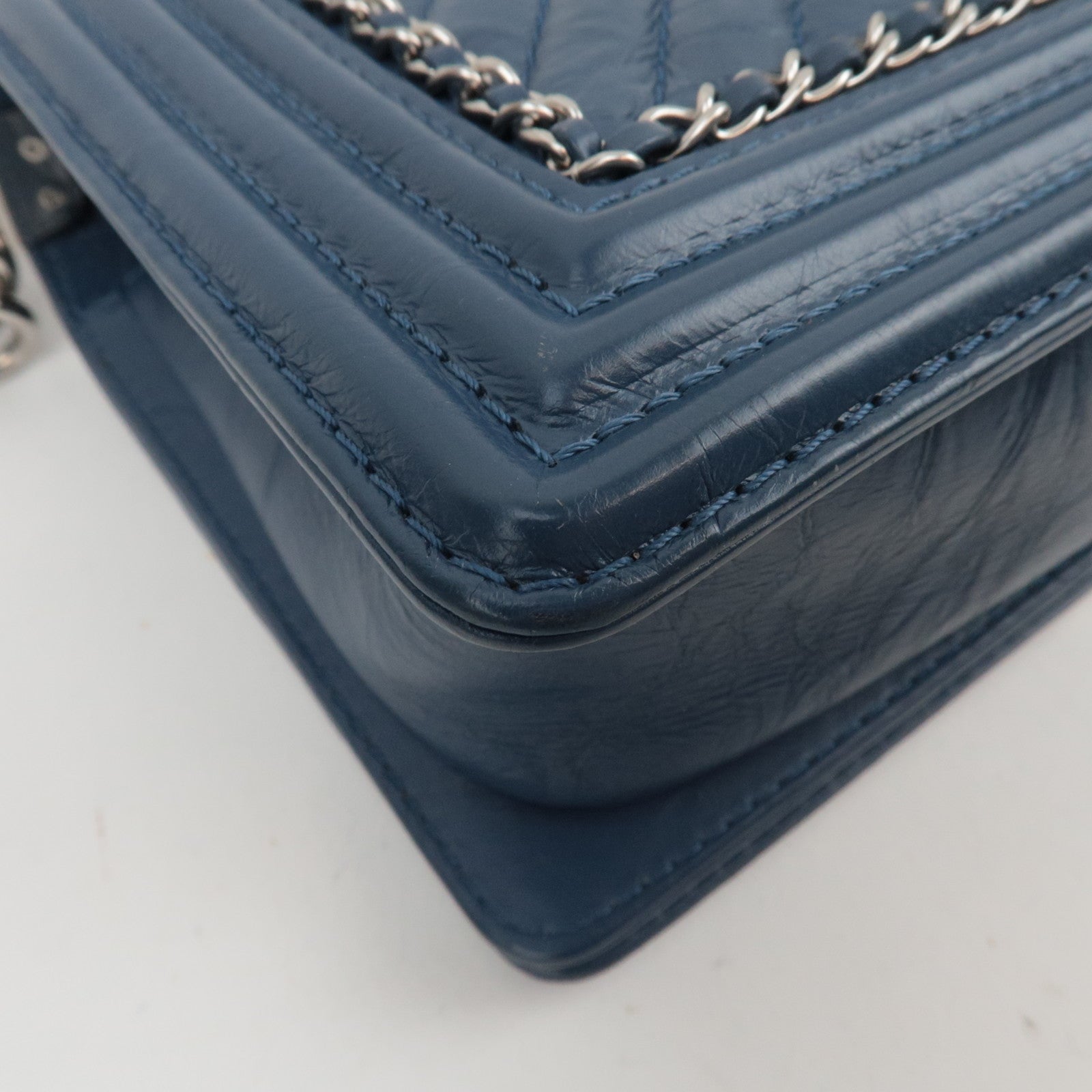 CHANEL Boy Chanel Chain Shoulder Bag Aged Calfskin Blue Silver HDW