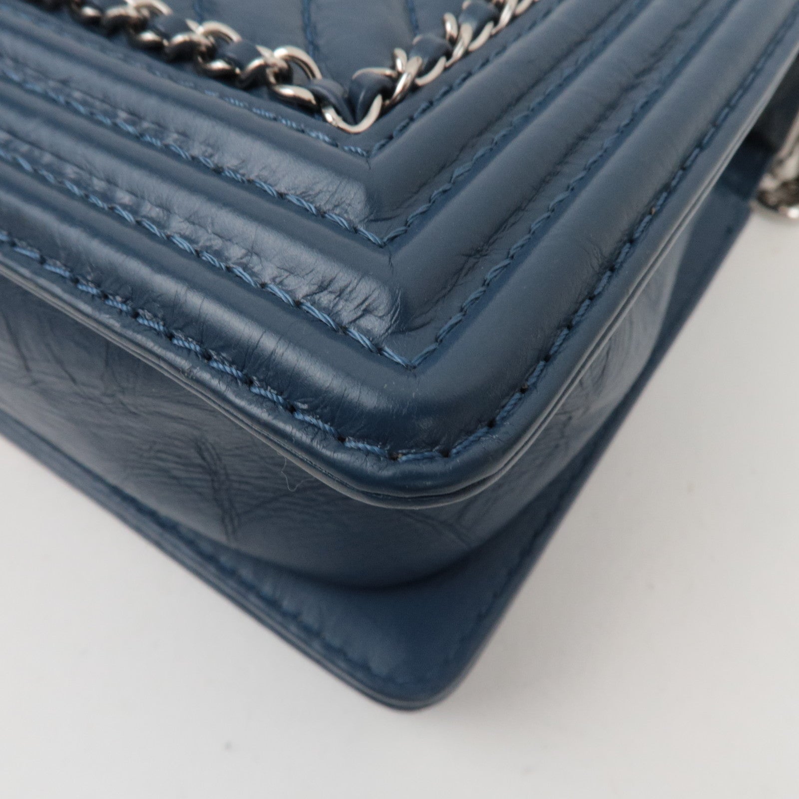 CHANEL Boy Chanel Chain Shoulder Bag Aged Calfskin Blue Silver HDW