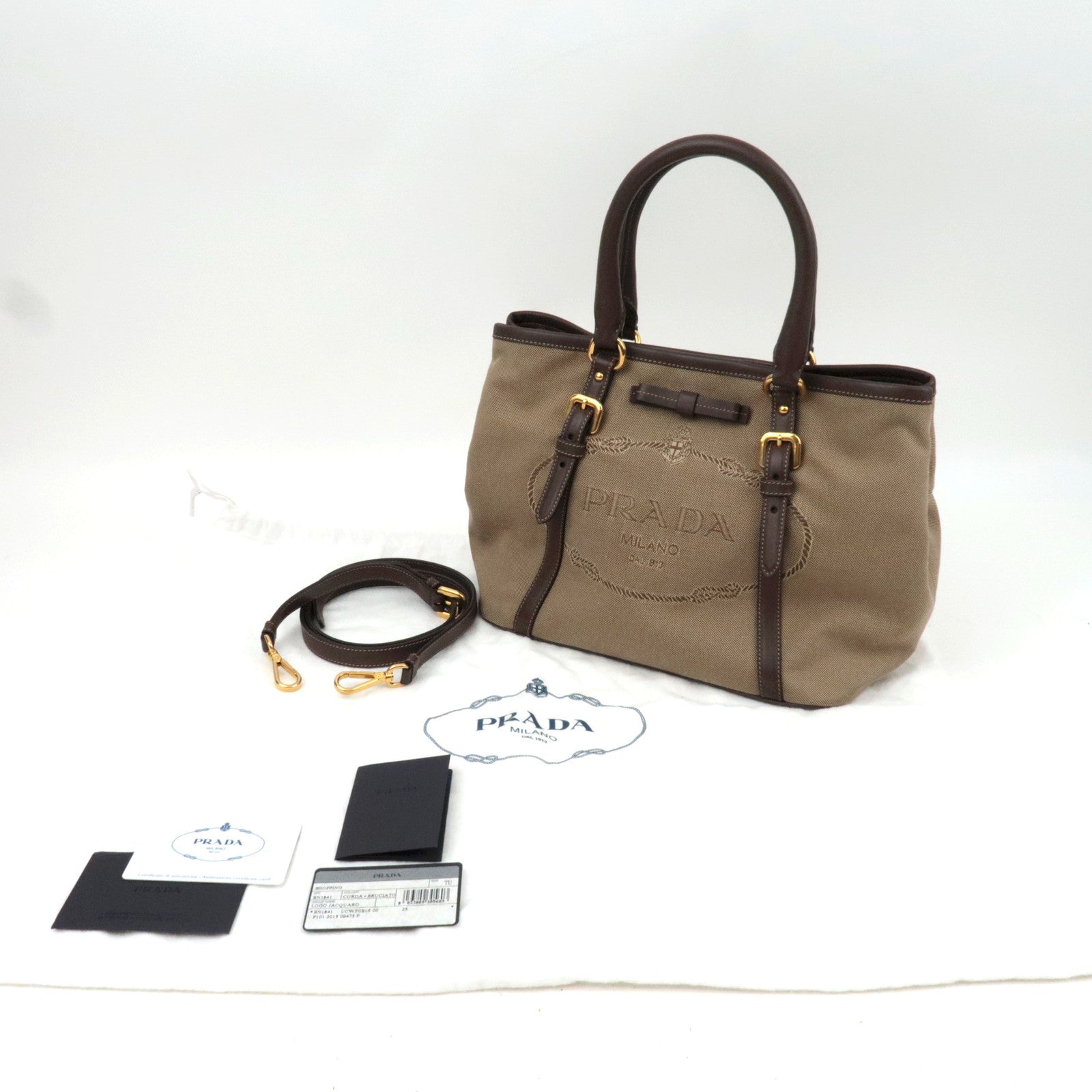 PRADA Logo Jacquard Leather 2Way Shoulder Bag Beige BN1841