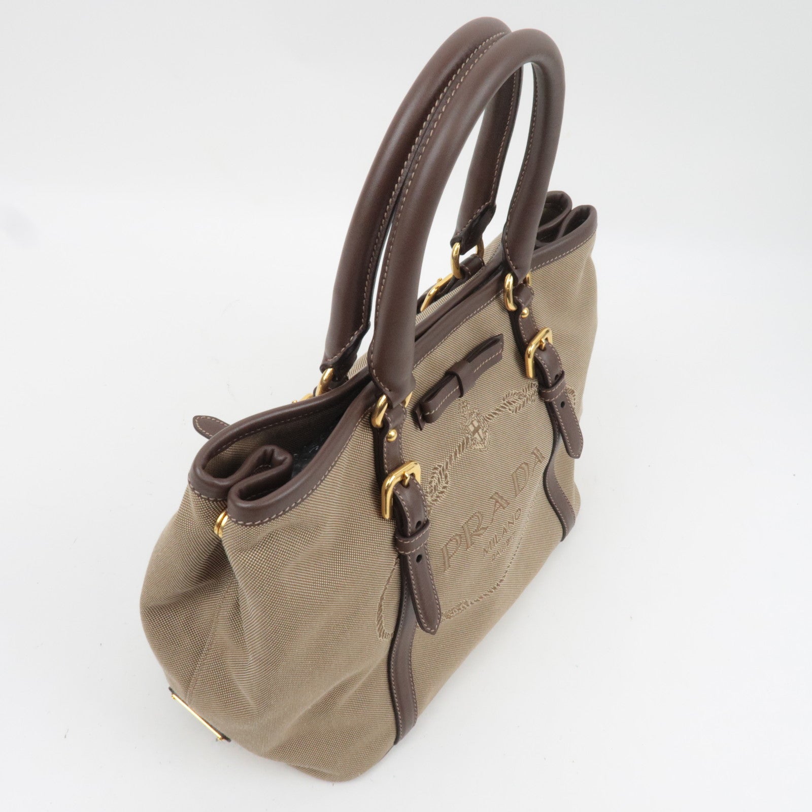 PRADA Logo Jacquard Leather 2Way Shoulder Bag Beige BN1841