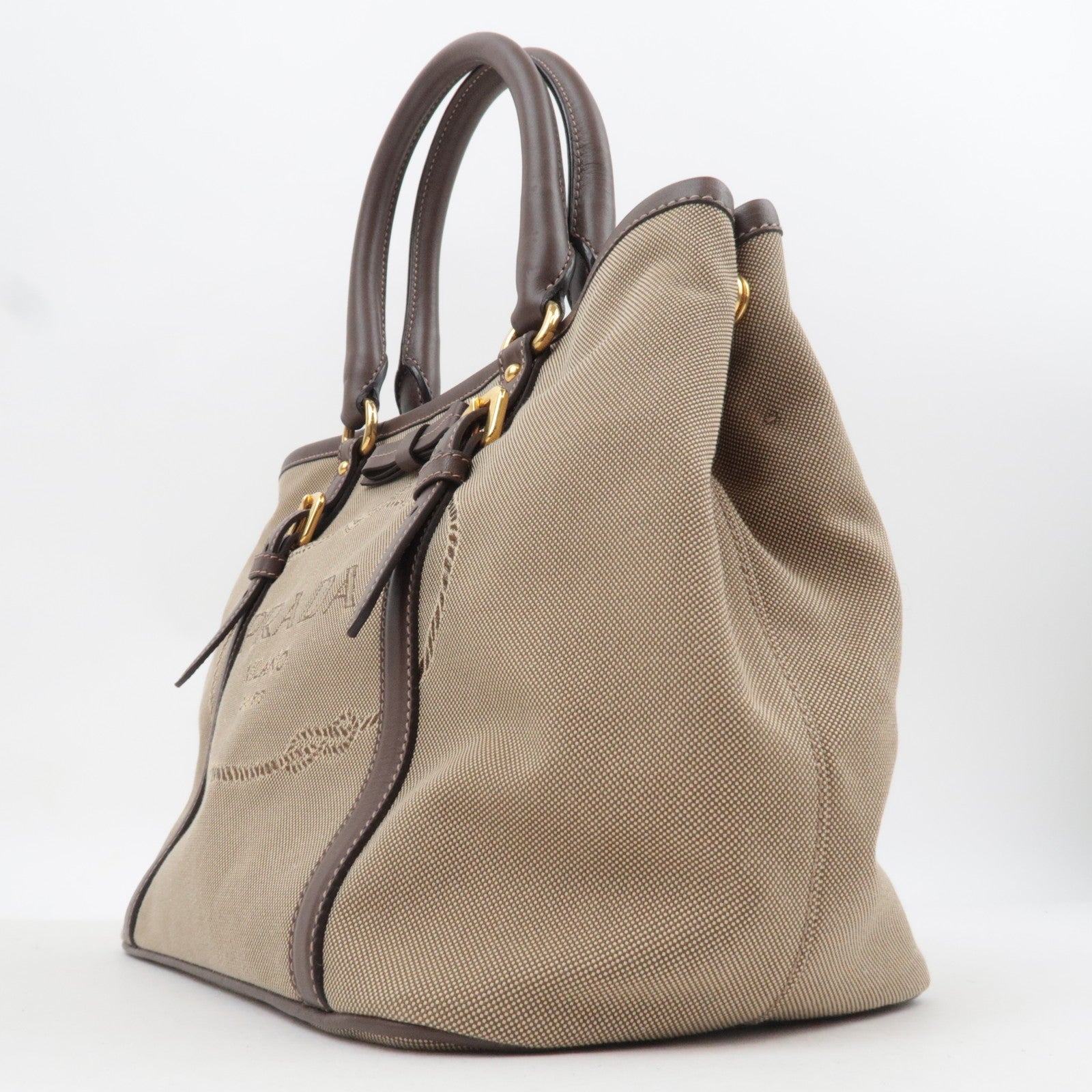 PRADA Logo Jacquard Leather 2Way Shoulder Bag Beige BN1841