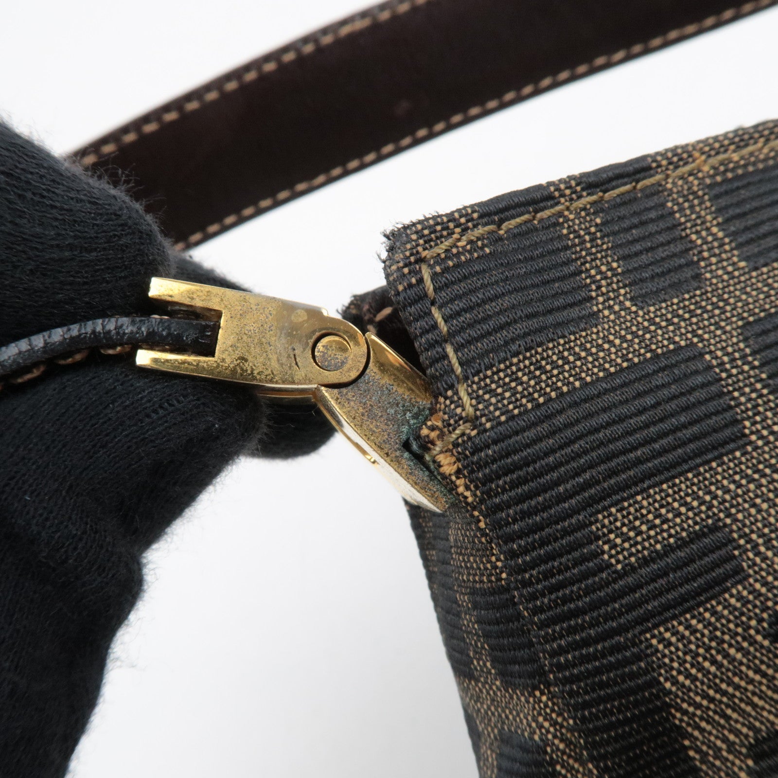 FENDI Zucca Canvas Leather Shoulder Bag Brown Black