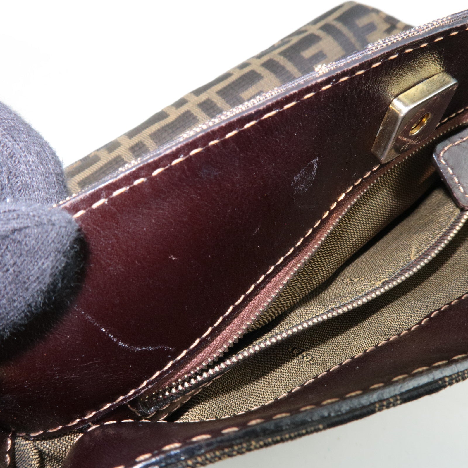 FENDI Zucca Canvas Leather Shoulder Bag Brown Black