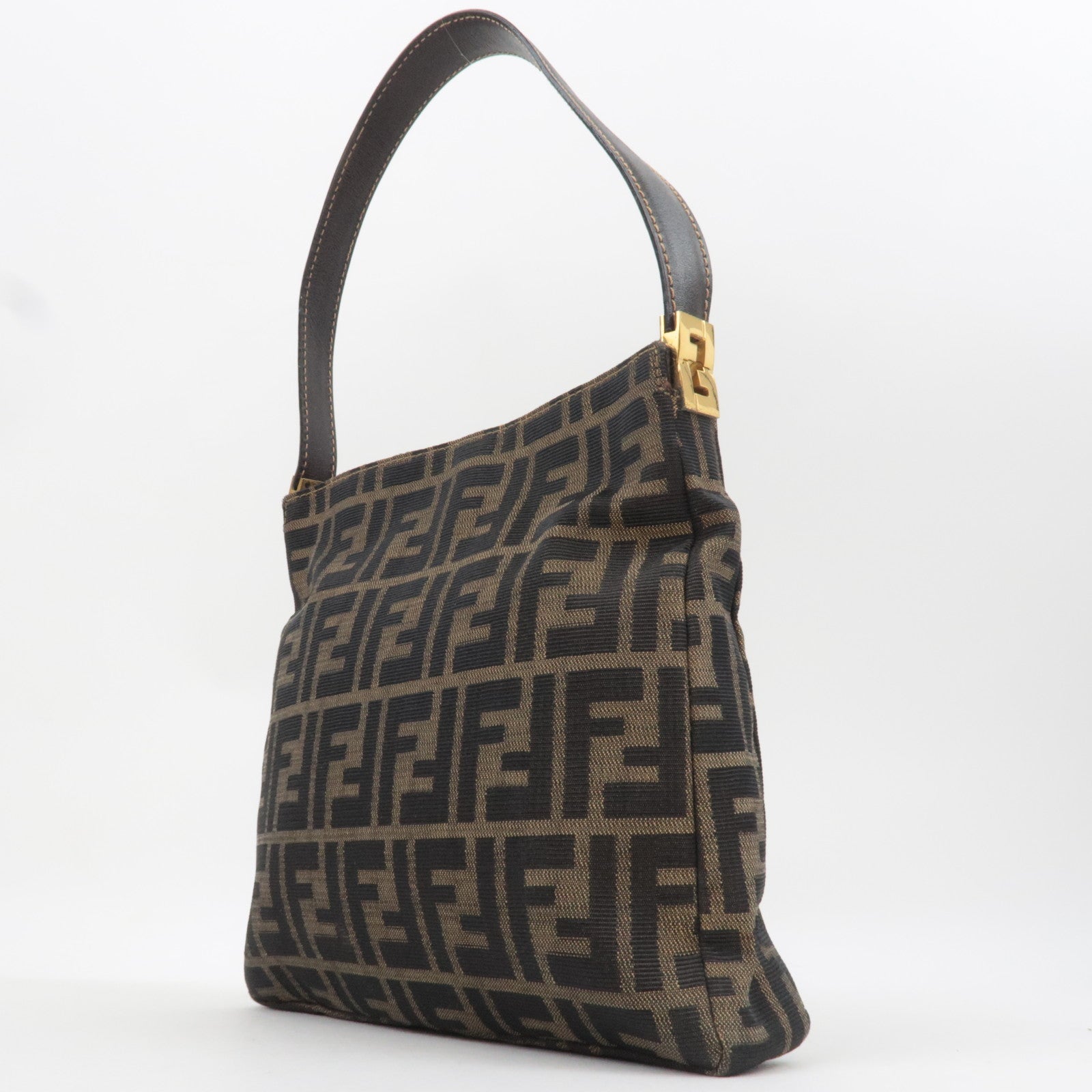 FENDI Zucca Canvas Leather Shoulder Bag Brown Black