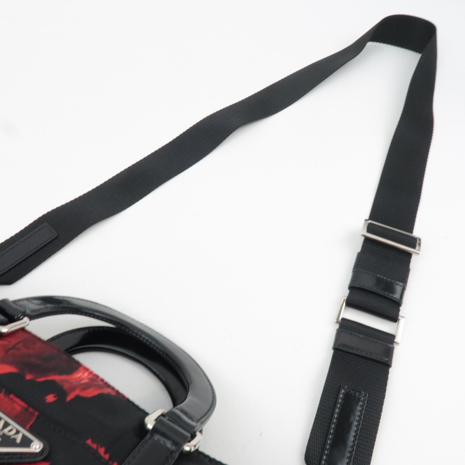 PRADA Floral Print Nylon Leather 2Way Handbag Black Red BN1066