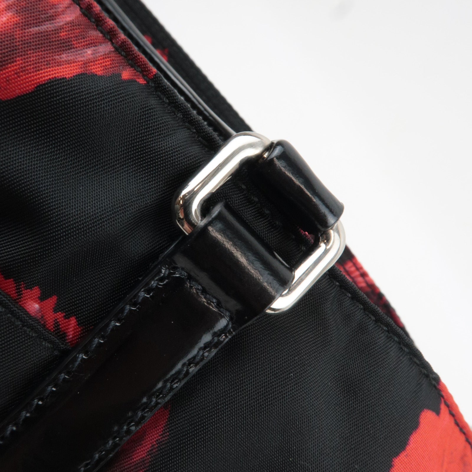 PRADA Floral Print Nylon Leather 2Way Handbag Black Red BN1066