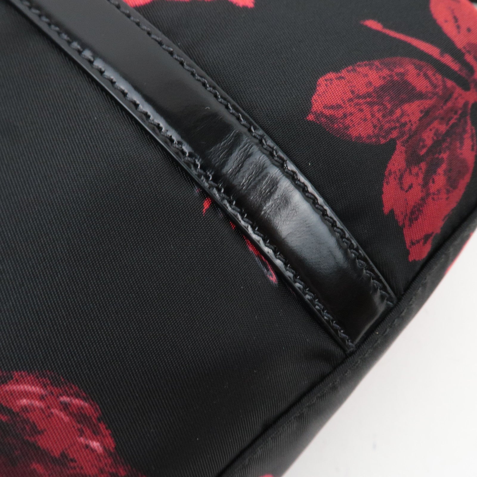 PRADA Floral Print Nylon Leather 2Way Handbag Black Red BN1066