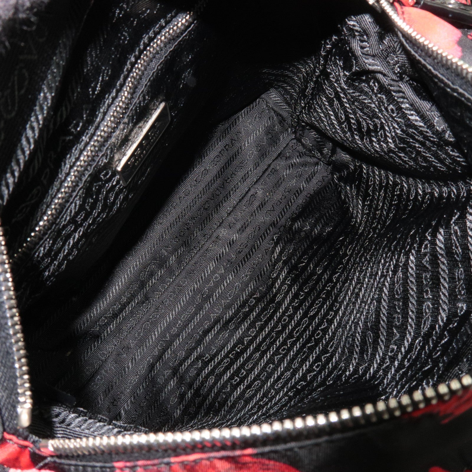 PRADA Floral Print Nylon Leather 2Way Handbag Black Red BN1066