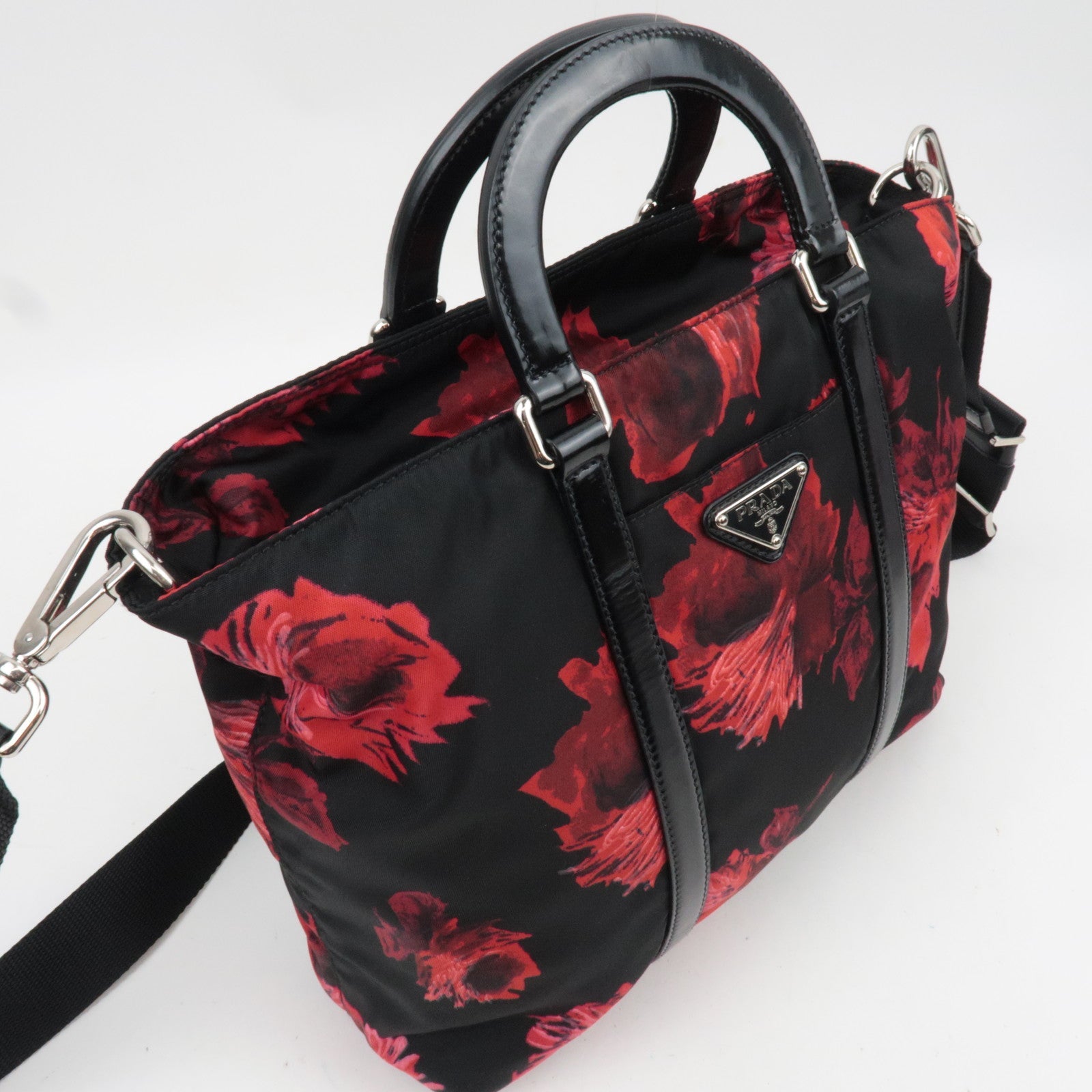 PRADA Floral Print Nylon Leather 2Way Handbag Black Red BN1066