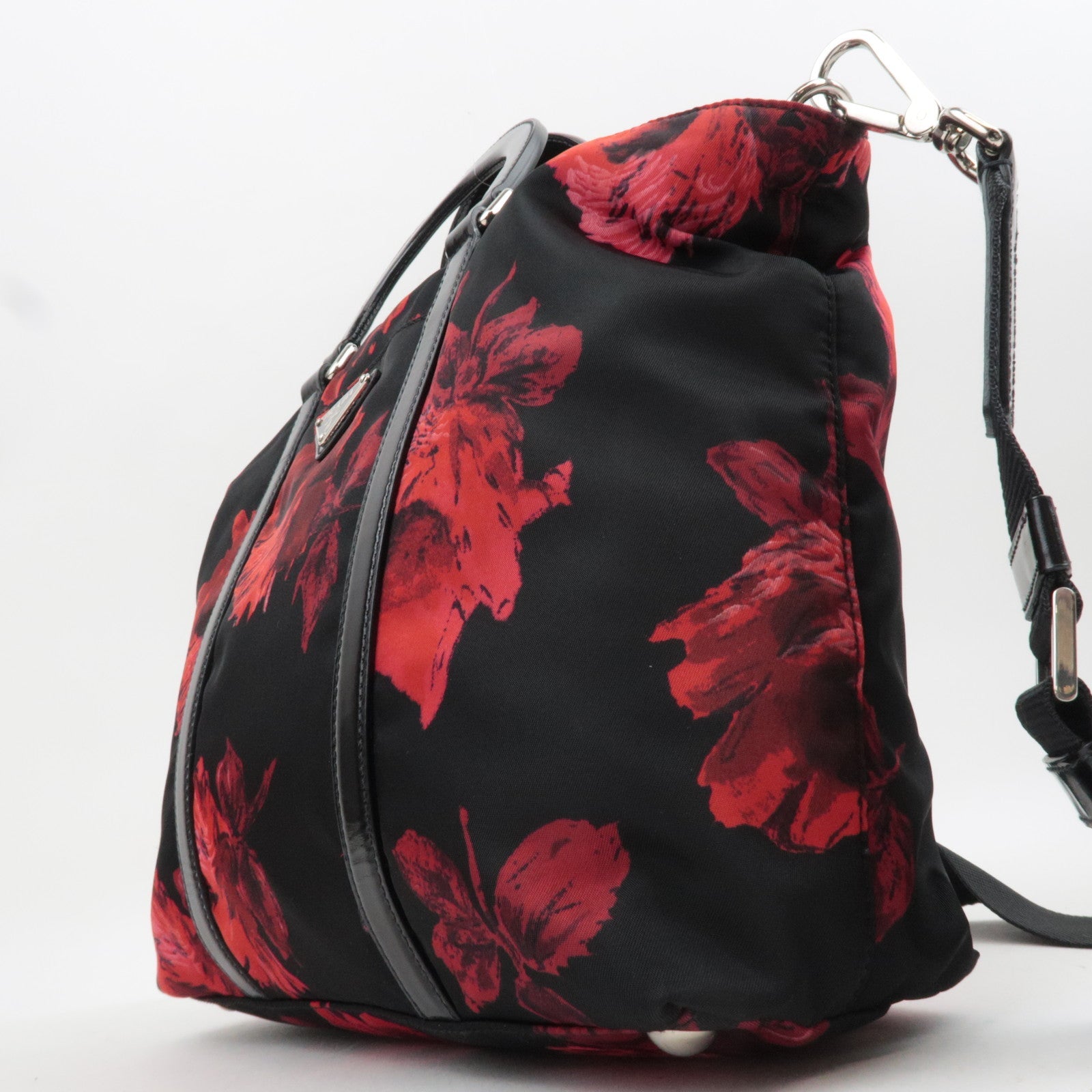 PRADA Floral Print Nylon Leather 2Way Handbag Black Red BN1066