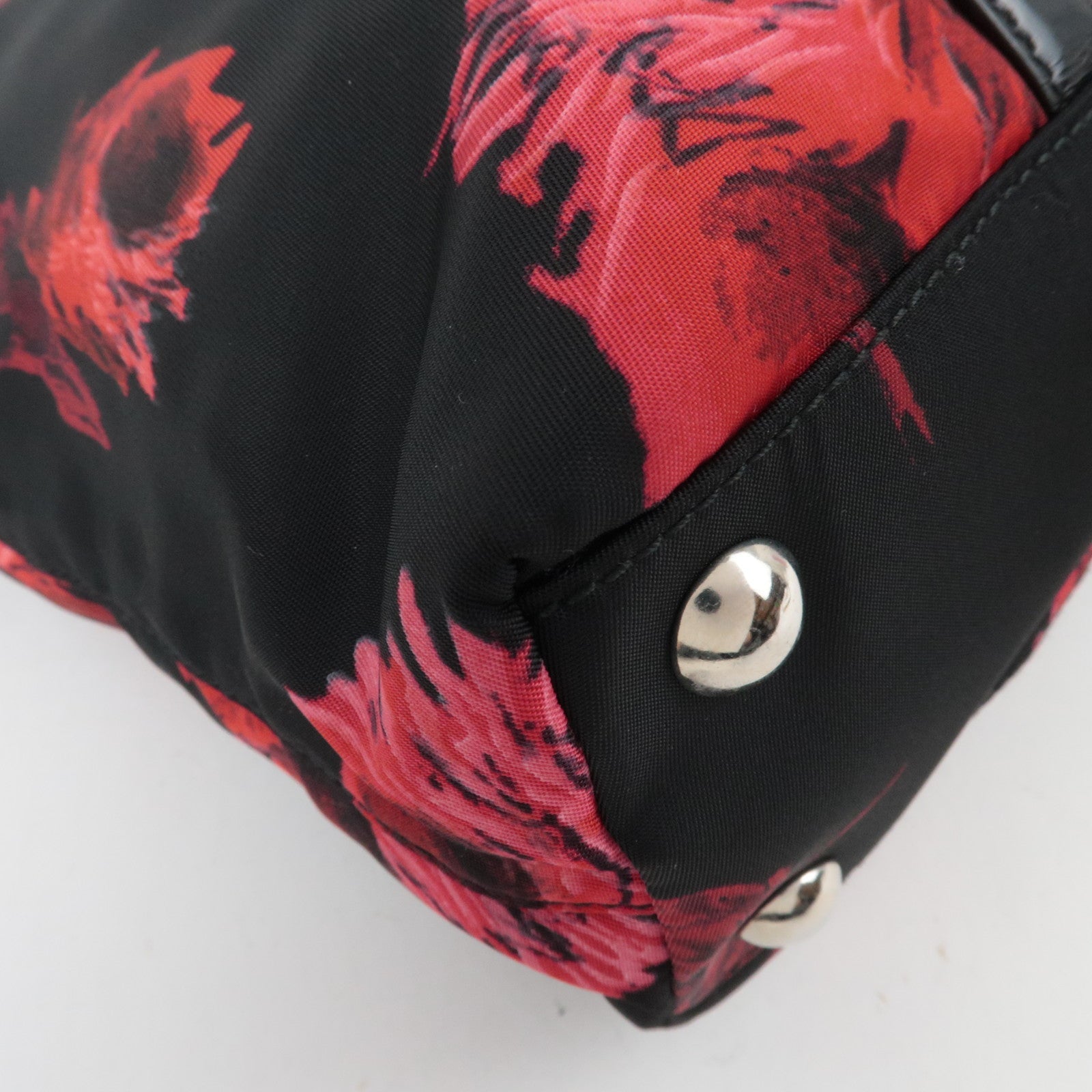 PRADA Floral Print Nylon Leather 2Way Handbag Black Red BN1066