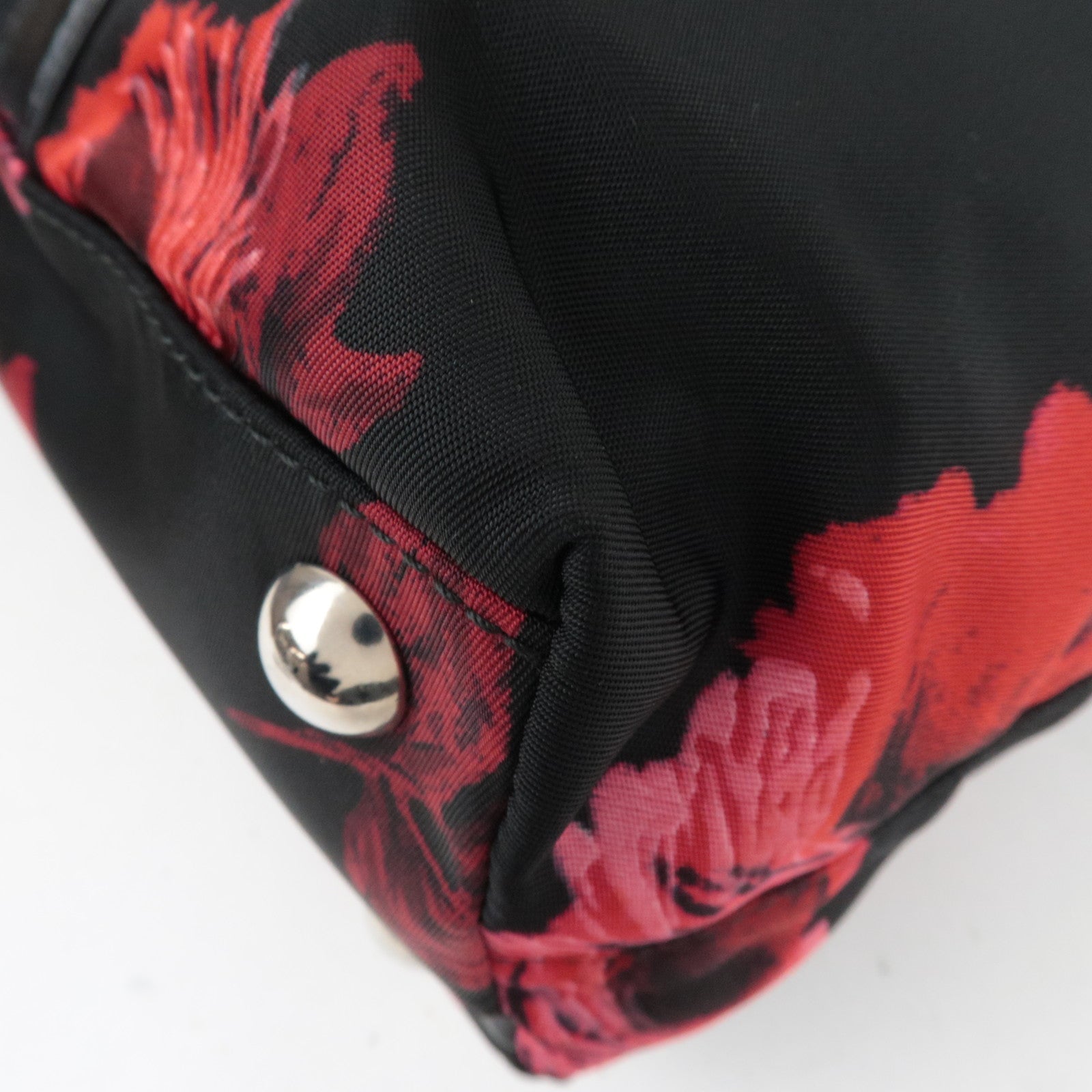 PRADA Floral Print Nylon Leather 2Way Handbag Black Red BN1066