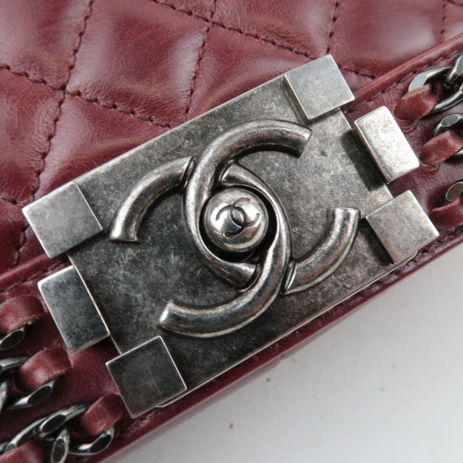 CHANEL Boy Chanel Chain Shoulder Bag Calf Leather Burgundy Silver HDW