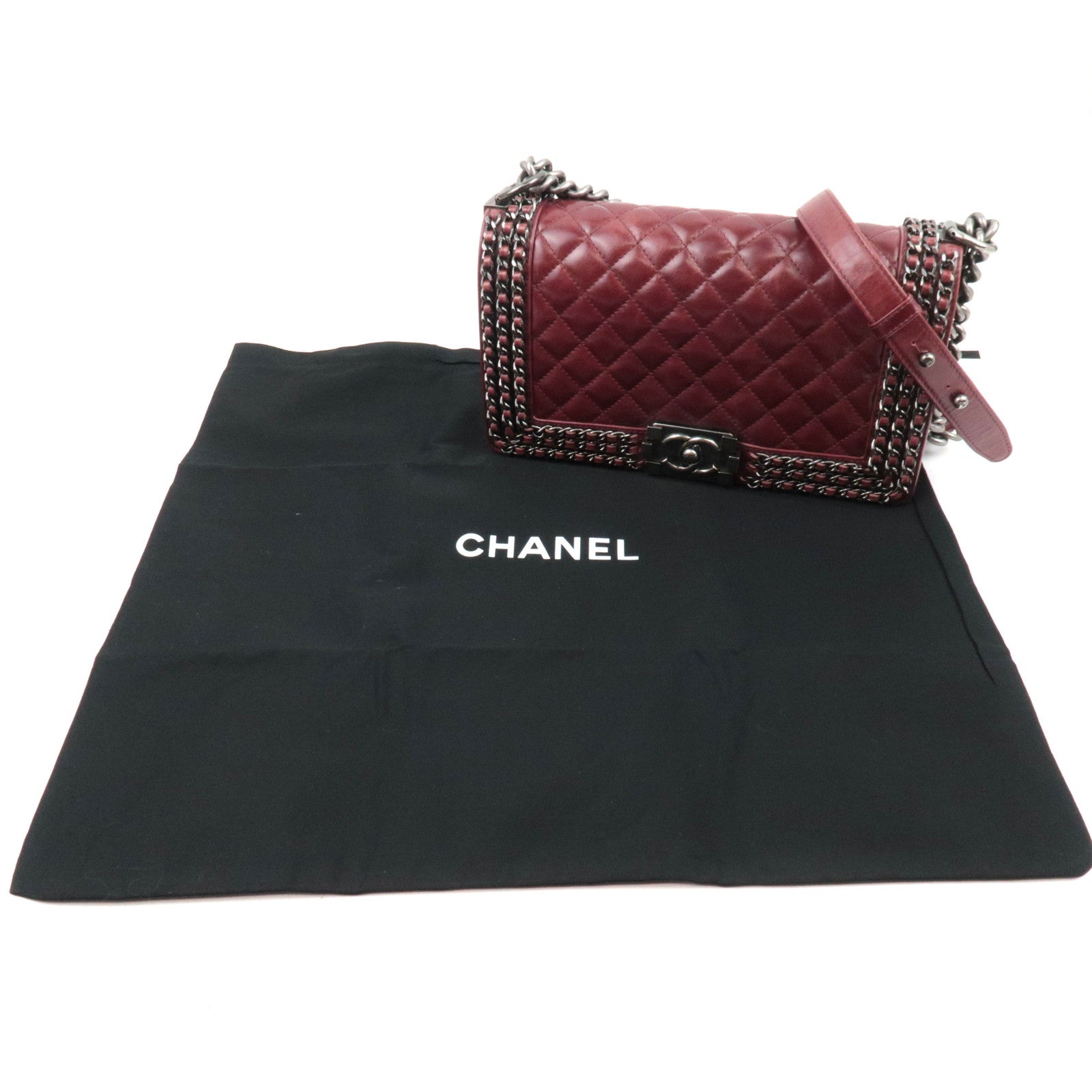 CHANEL Boy Chanel Chain Shoulder Bag Calf Leather Burgundy Silver HDW