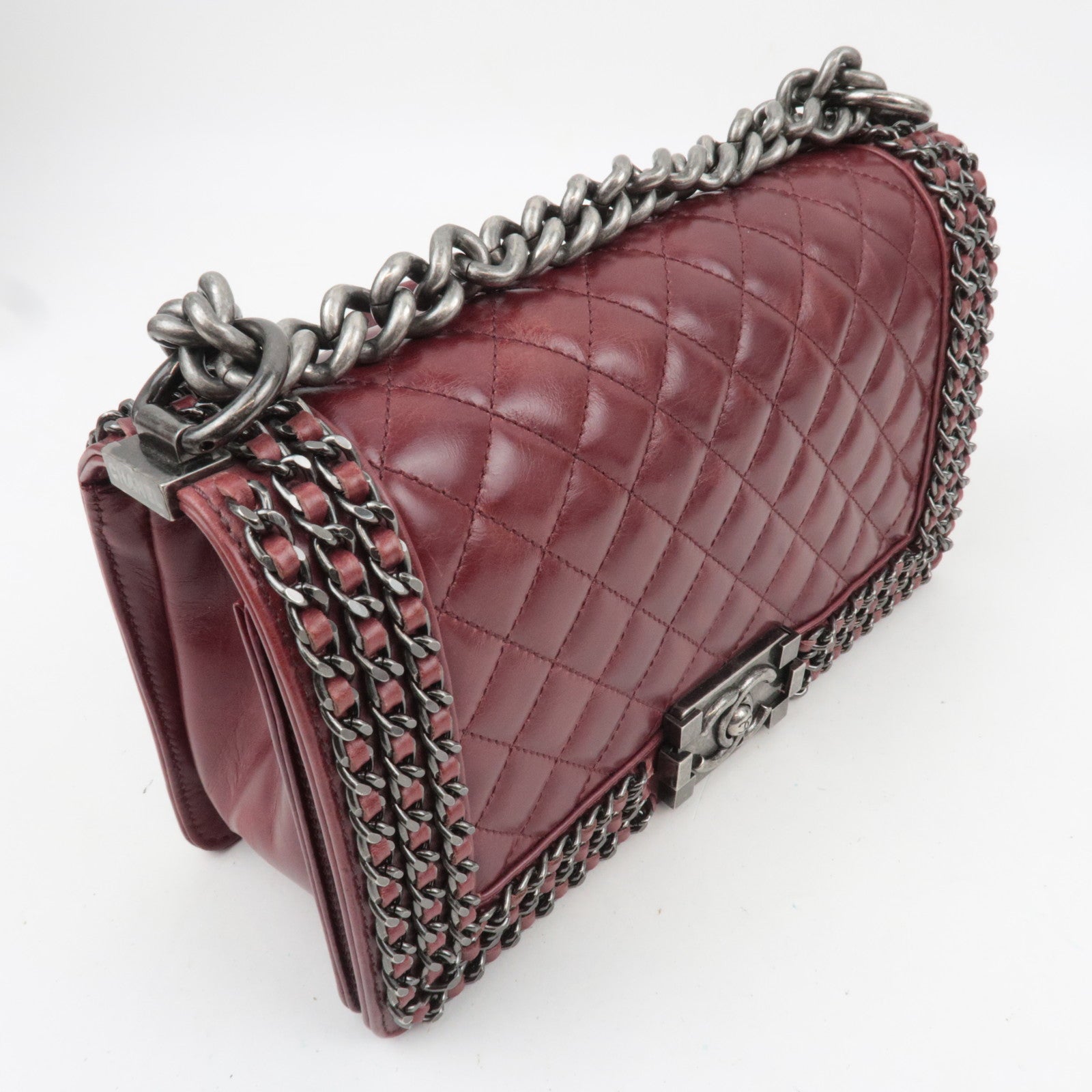 CHANEL Boy Chanel Chain Shoulder Bag Calf Leather Burgundy Silver HDW