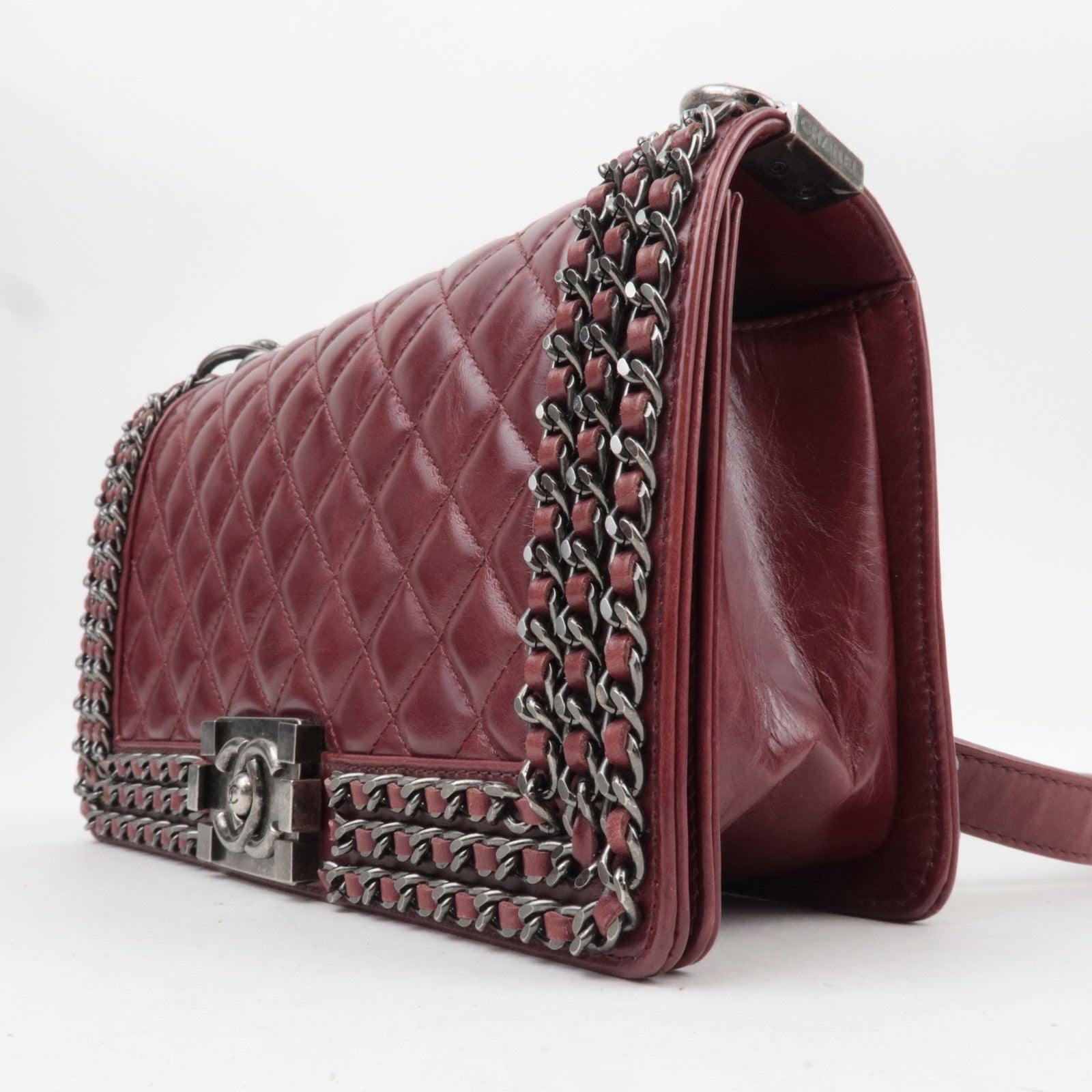 CHANEL Boy Chanel Chain Shoulder Bag Calf Leather Burgundy Silver HDW