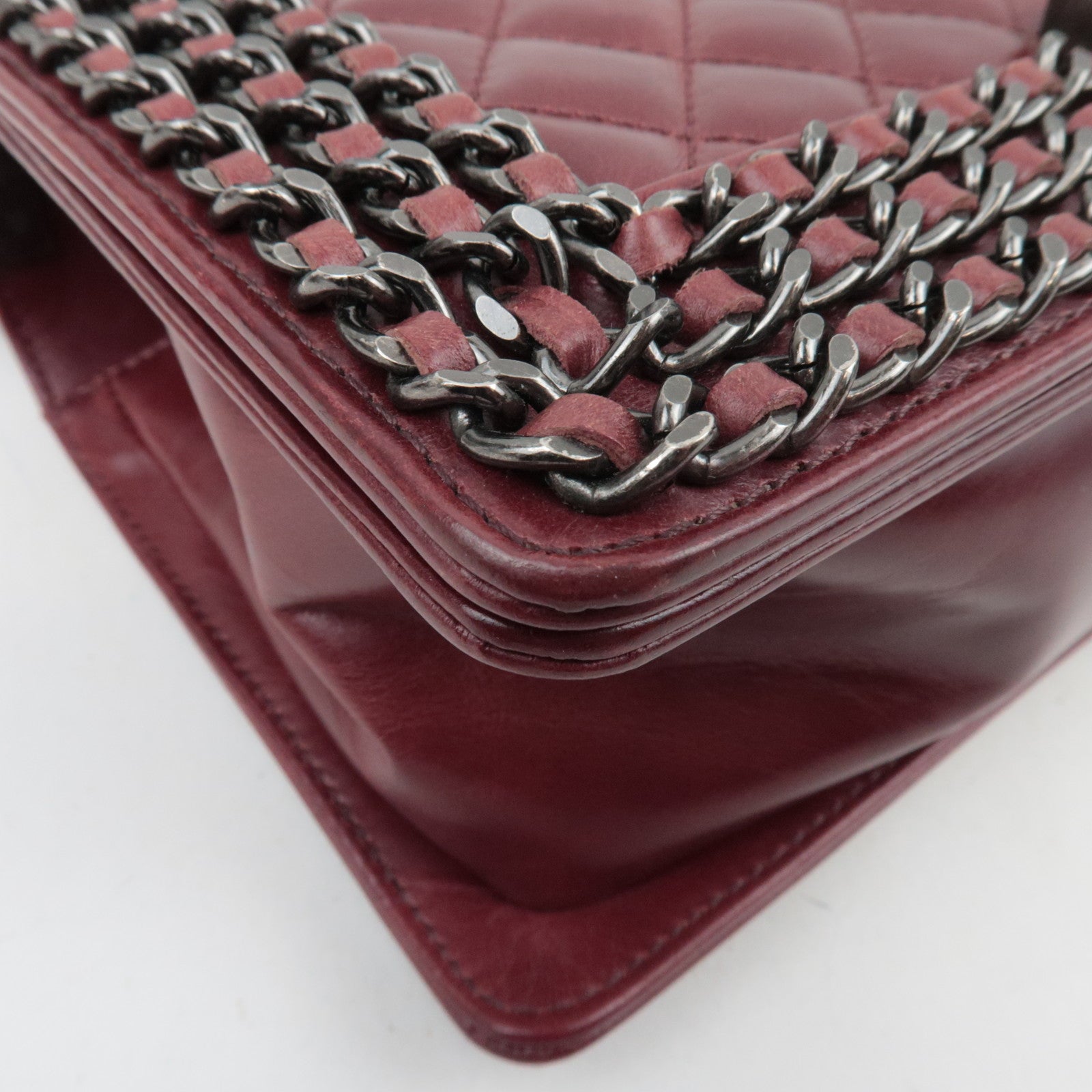 CHANEL Boy Chanel Chain Shoulder Bag Calf Leather Burgundy Silver HDW