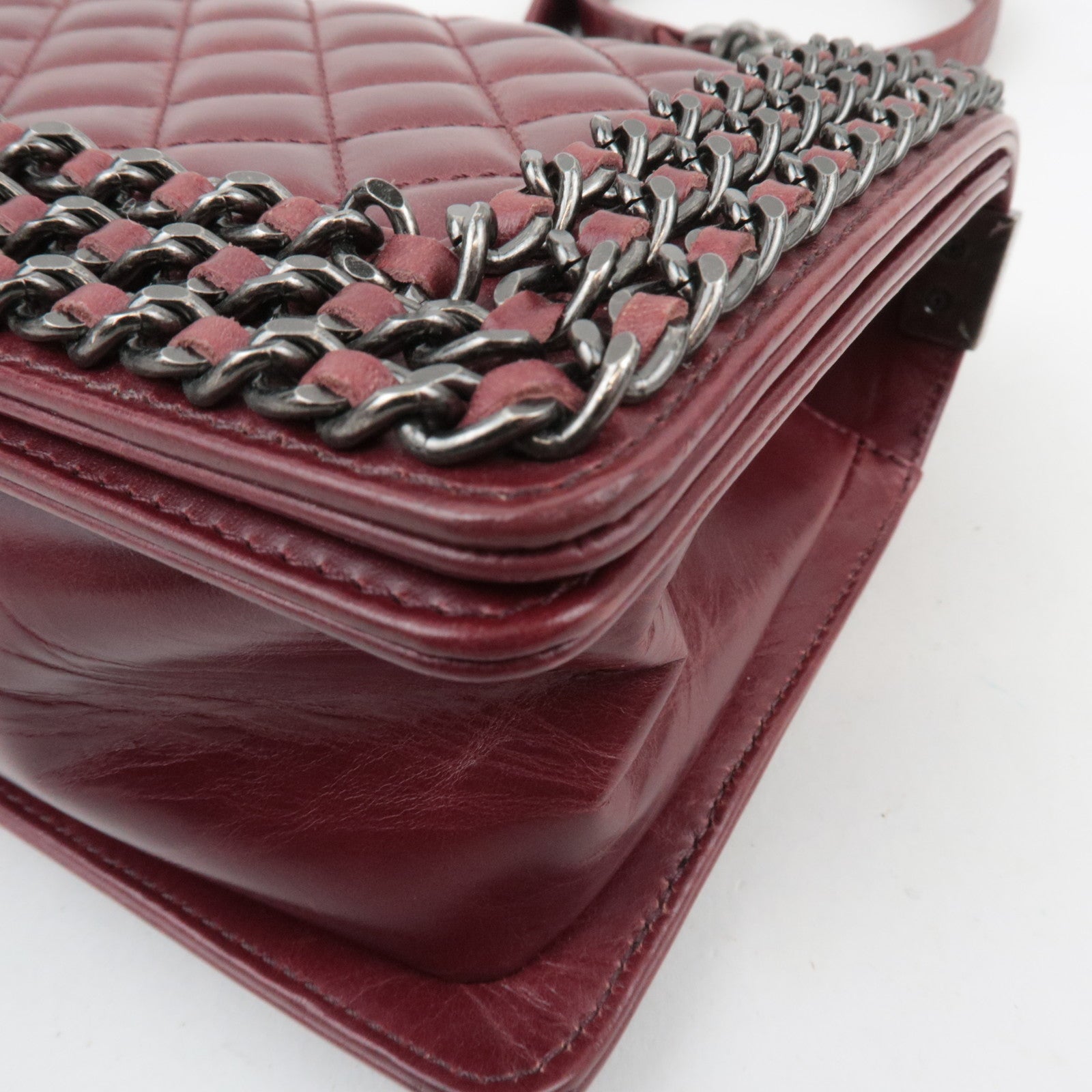 CHANEL Boy Chanel Chain Shoulder Bag Calf Leather Burgundy Silver HDW