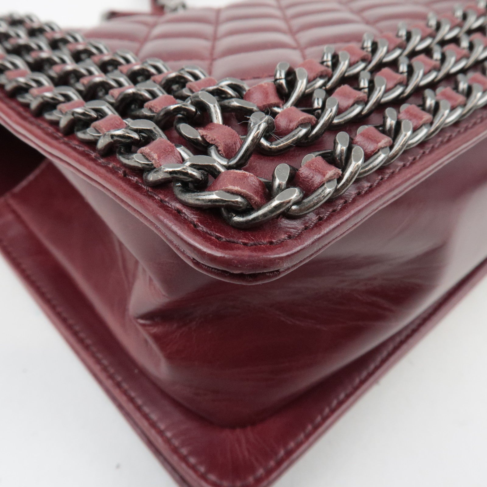 CHANEL Boy Chanel Chain Shoulder Bag Calf Leather Burgundy Silver HDW