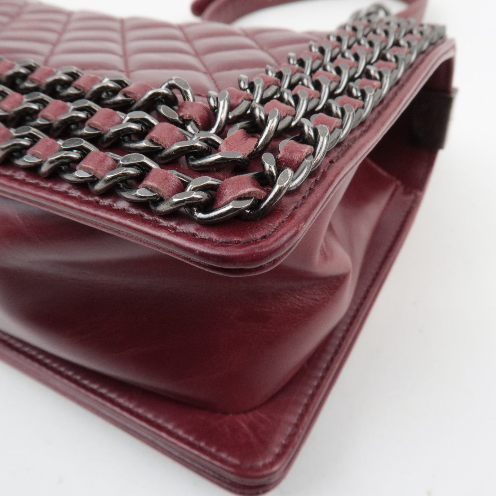 CHANEL Boy Chanel Chain Shoulder Bag Calf Leather Burgundy Silver HDW
